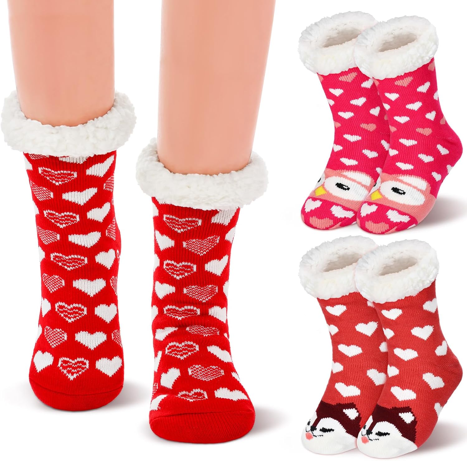 3 Pairs Valentines Fuzzy Slipper Socks for Women Heart Cute Patterns Warm Fluffy Winter Thick Thermal Plush Socks Non Slip House Stocking for Valentines Galentines Day Gifts
