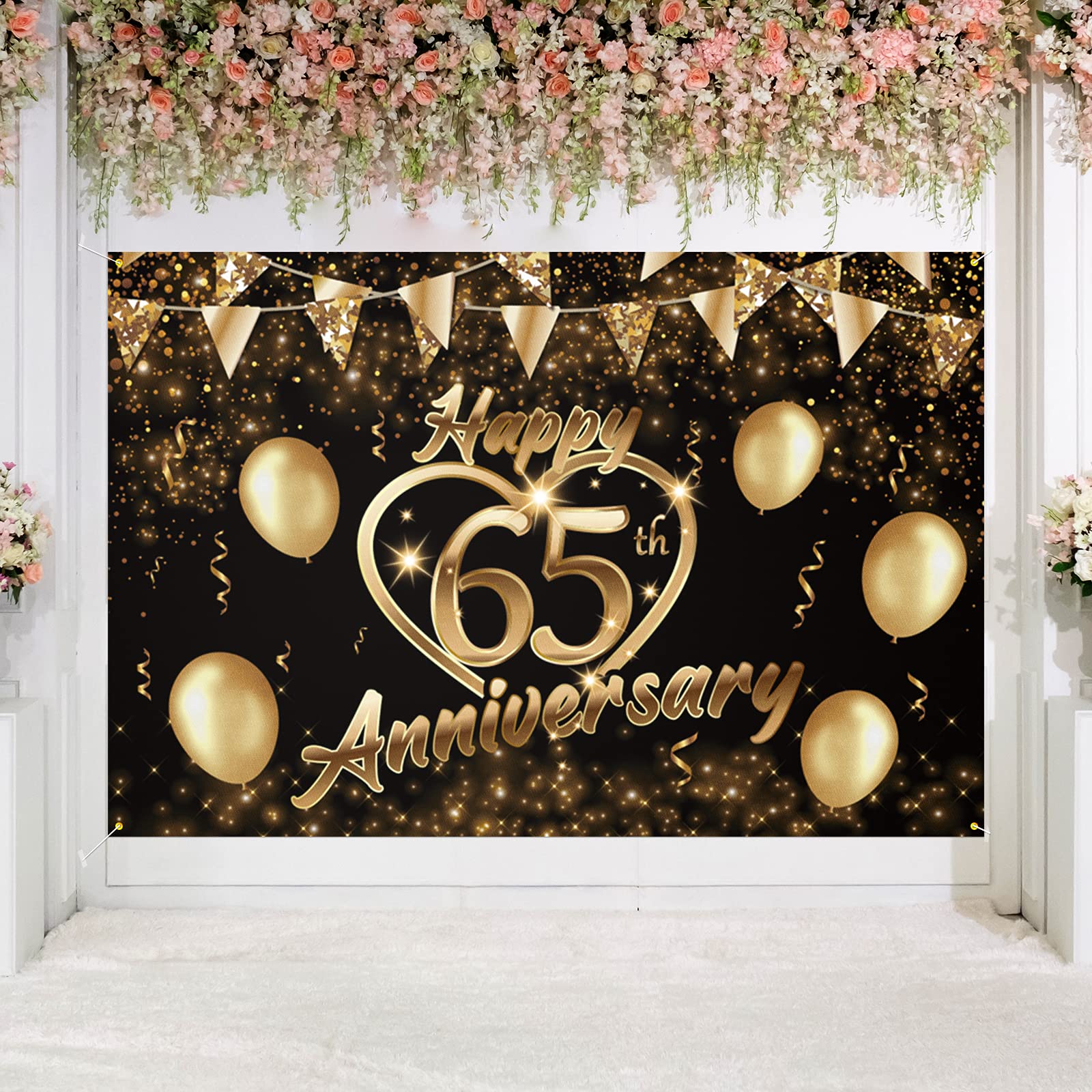 Happy 65th Anniversary Backdrop Banner Decor Black Gold – Glitter Love Heart Happy 65 Years Wedding Anniversary Party Theme Decorations for Women Men Supplies