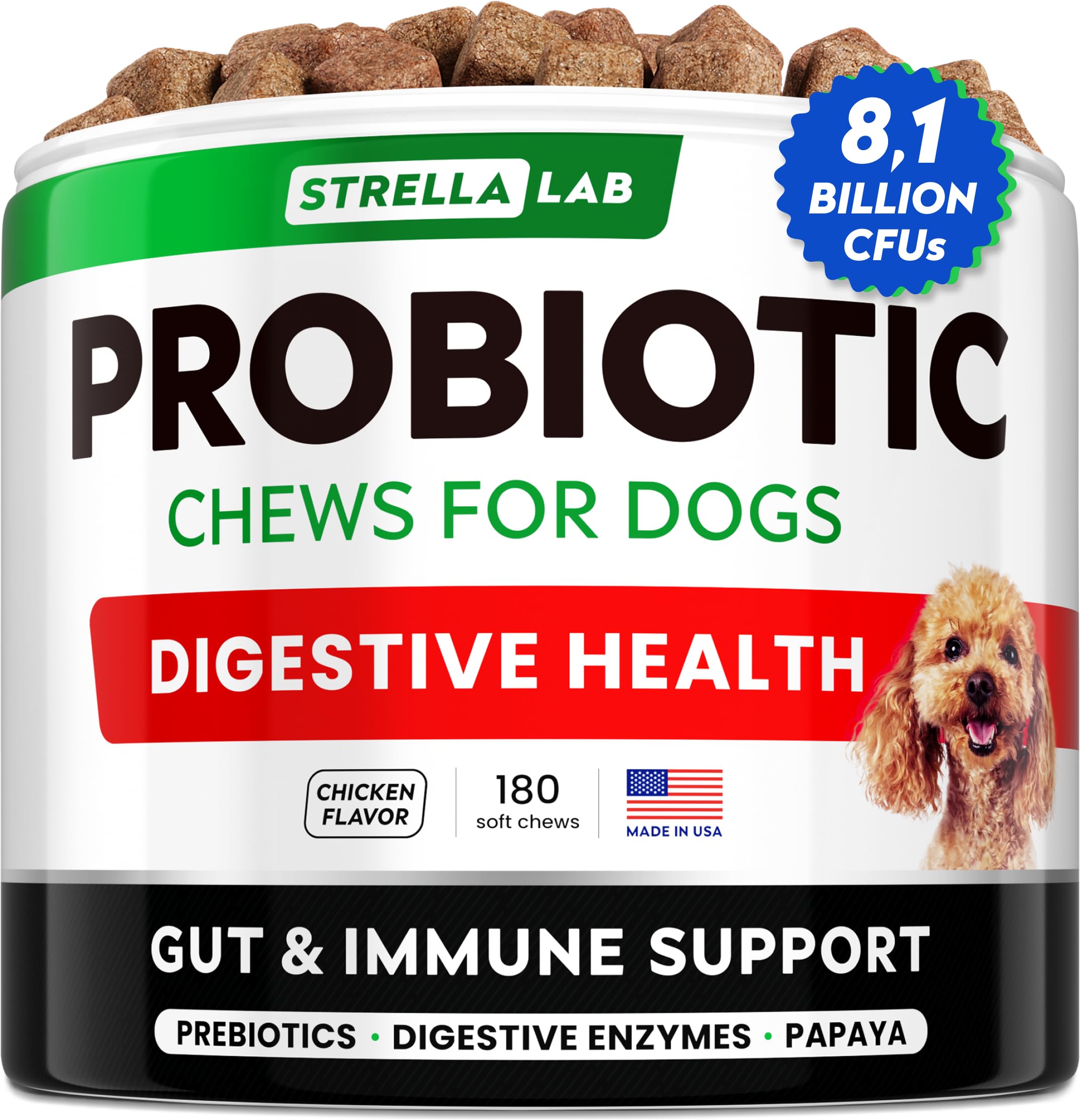 STRELLALAB Dog Probiotics Chews + Enzymes Gut Health Support - Anti Gas, Diarrhea and Upset Stomach Immune Supplement - Digestion Treats with Fiber (180Ct, Chicken)