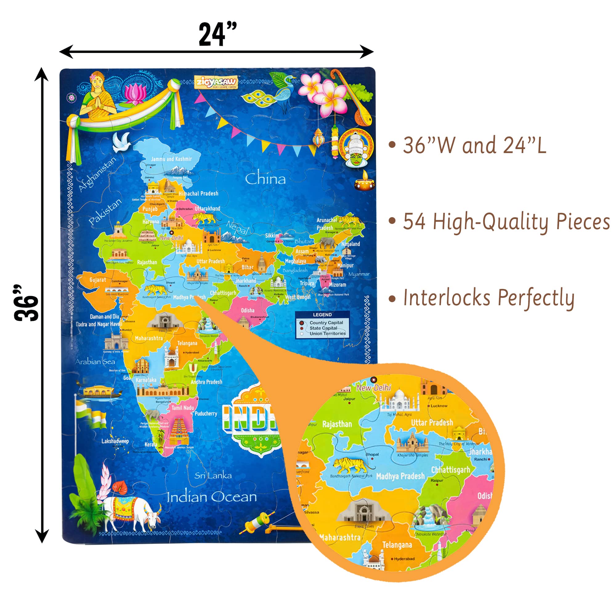Zigyasaw Map of India & States Premium Giant Cardboard Floor Puzzle Game for 5 Years+ Old Kids| Puzzle Size 36 Inches x 24 Inches When Assembled | Pre School Game Equipment 1
