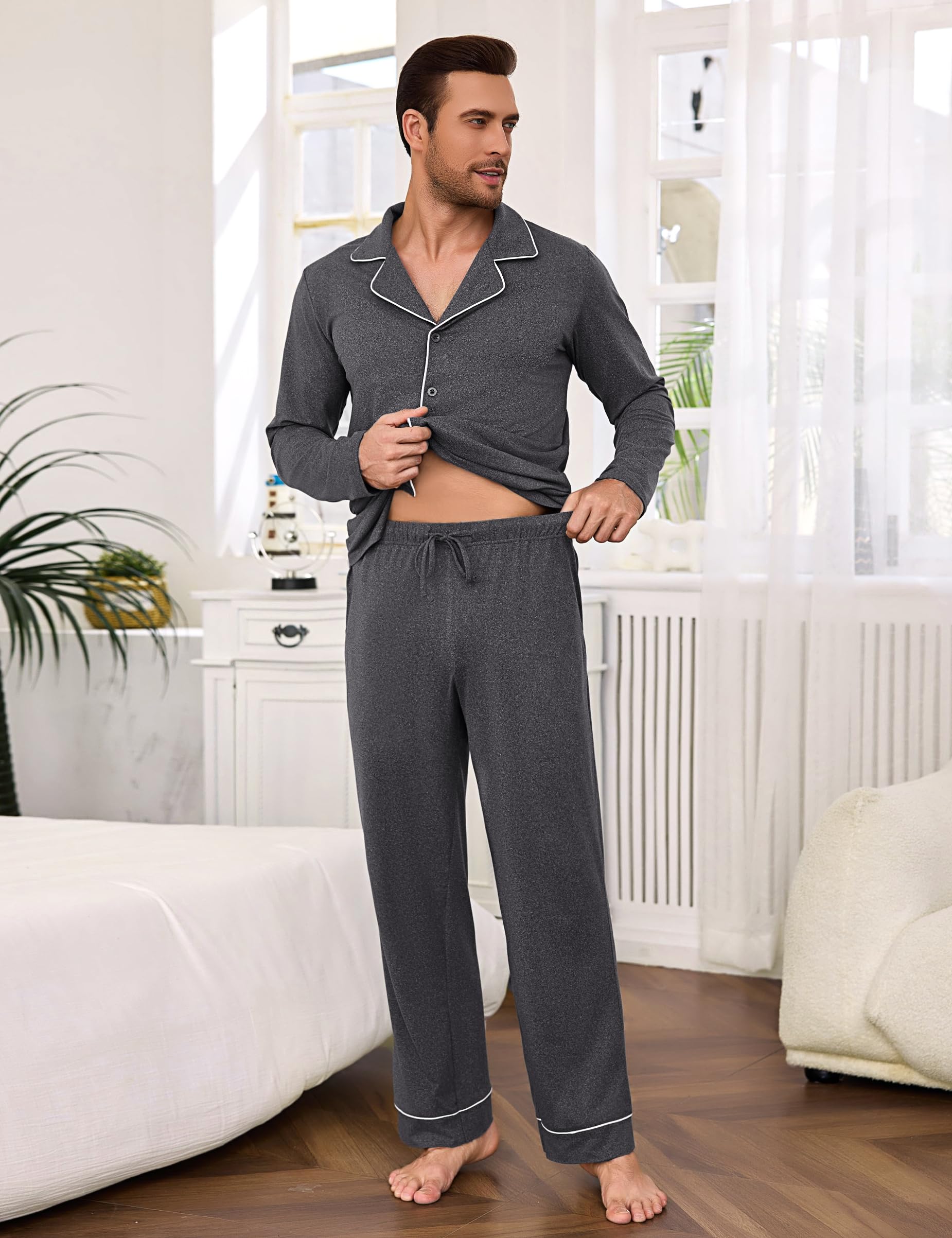 Bresdk Pigiama Uomo Cotone Lungo Invernale Manica Lunga con Bottoni Pigiami Due Pezzi Classico Aperto Davanti Caldo e Morbido