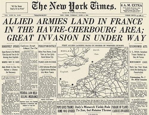 Periódico del Día D de la Segunda Guerra Mundial 1944 Nfront Page del New York Times 6 de junio de 1944 Informando de la invasión aliada de Europa Periódico del Día D de la Segunda Guerra Mundial 1944 Nfront Page del New York Times 6 de junio de 1944 Informando de la invasión aliada de Europa