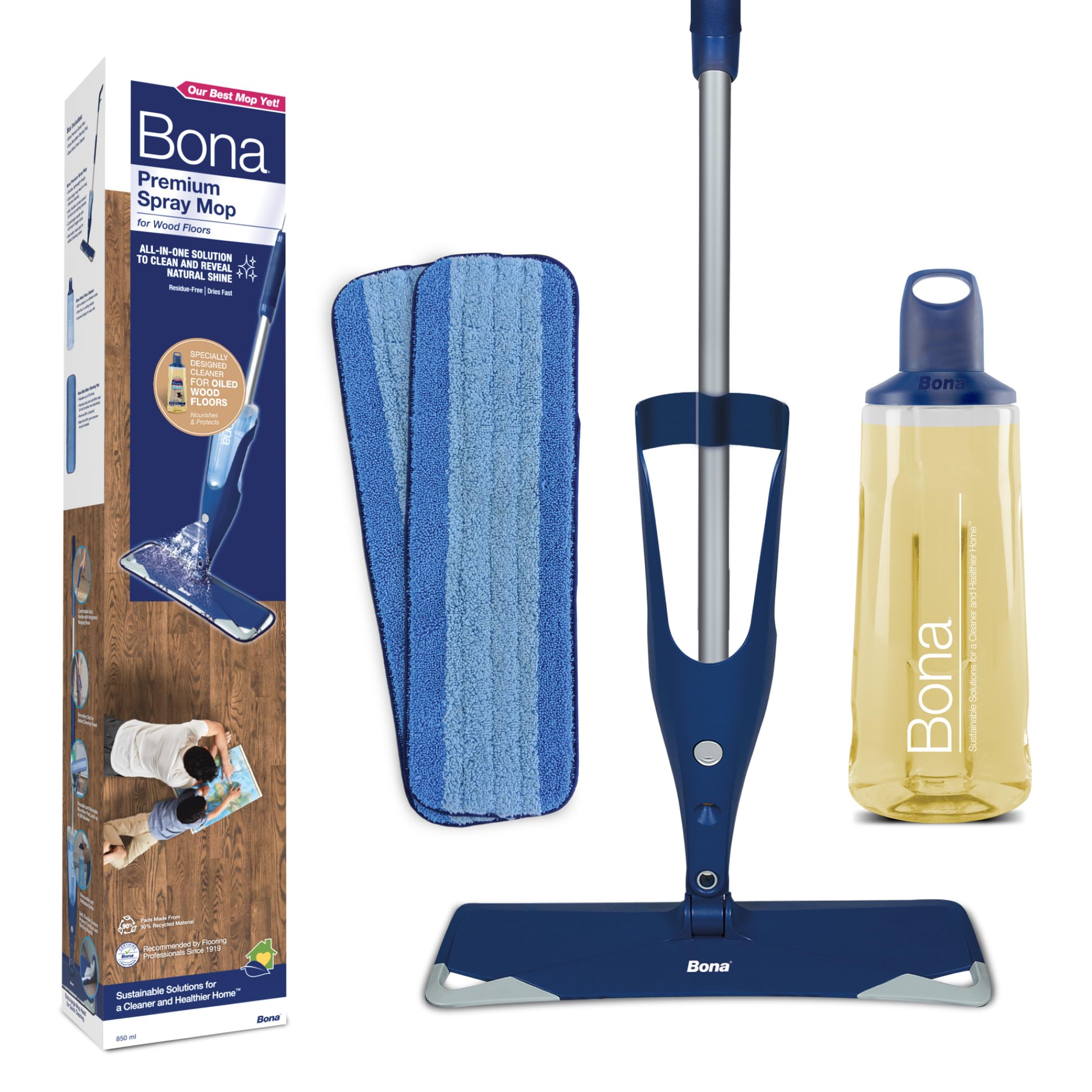 Bona Premium Spray Mop Kit for Oiled Wood Floors, Incl. 1x Oiled Wood Floor Cleaner Liquid Cartridge 850ml and 2x Microfibre Pad, Blue