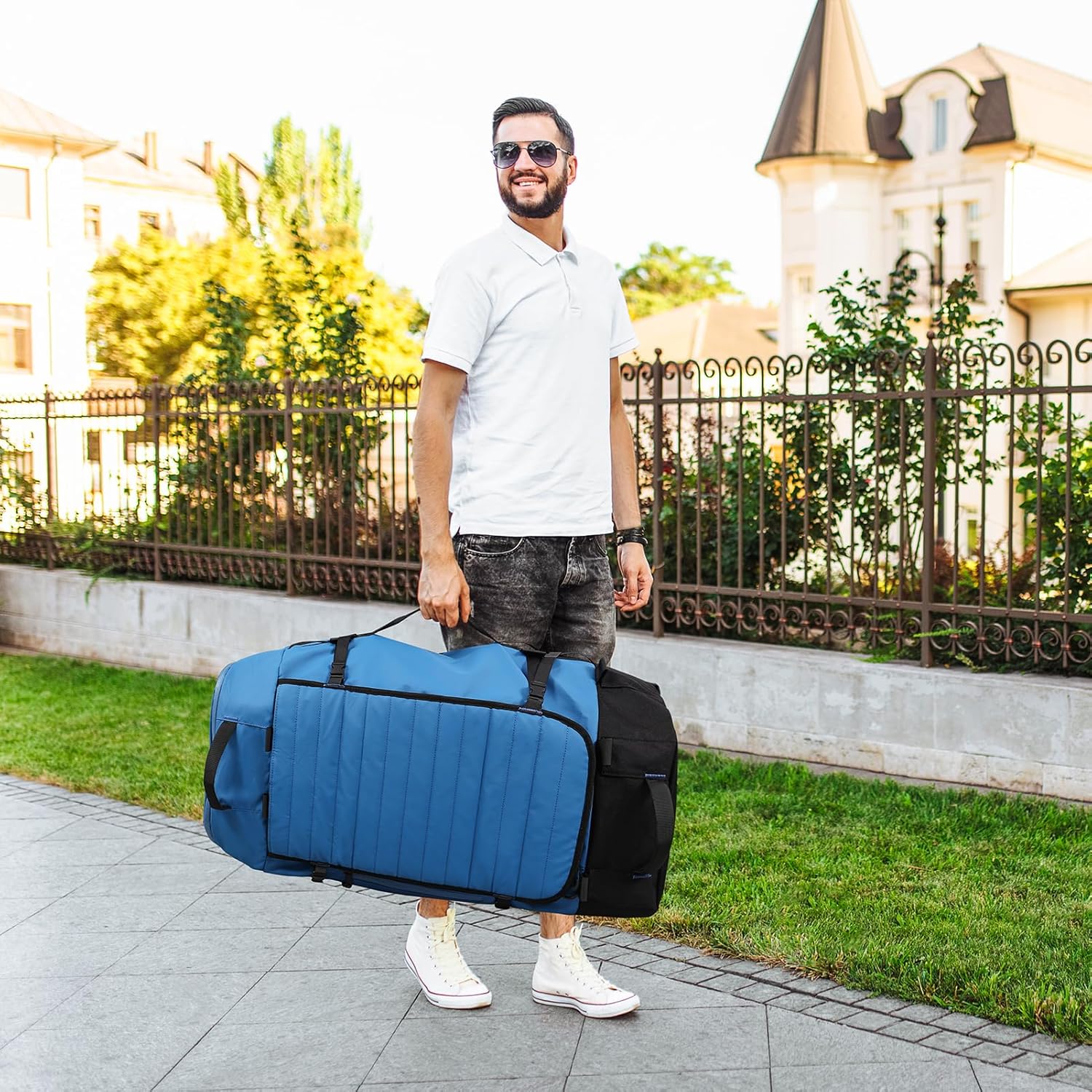 29" 86L Foldable Wheeled Duffle Bag, Waterproof Travel Rolling Backpack with Quilted Bottom, Blue - Image 8