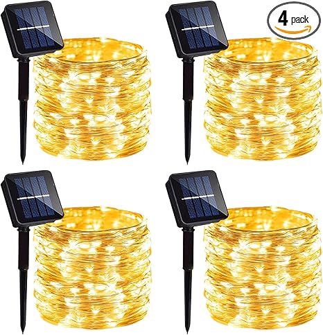 4 Pack Solar Fairy Lights 131Ft 400 LED Outdoor Twinkle Light with 8 Modes, Waterproof Silver Wire String Lights for Garden Patio Party Weding Decor (Warm White)
