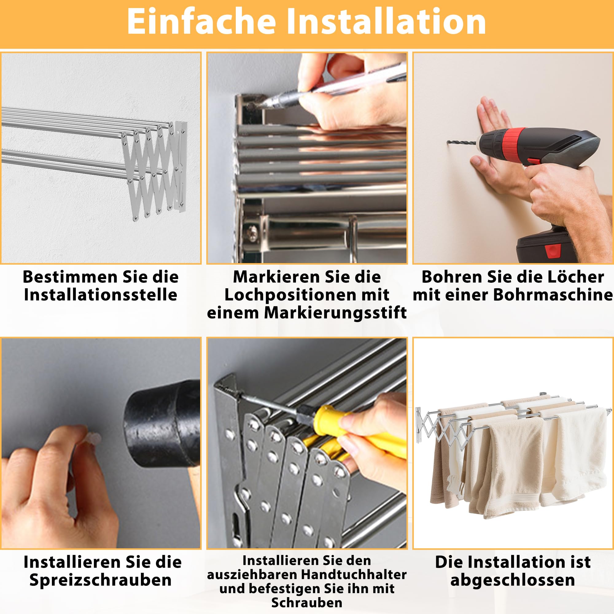 OUUTMEE Wand Wäscheständer Edelstahl Wandtrockner Ausziehbar, Vorderer und hinterer Teleskopbereich: 12~56cm, mit Sieben Zugstangen Tragfähigkeit 25kg (Silber)