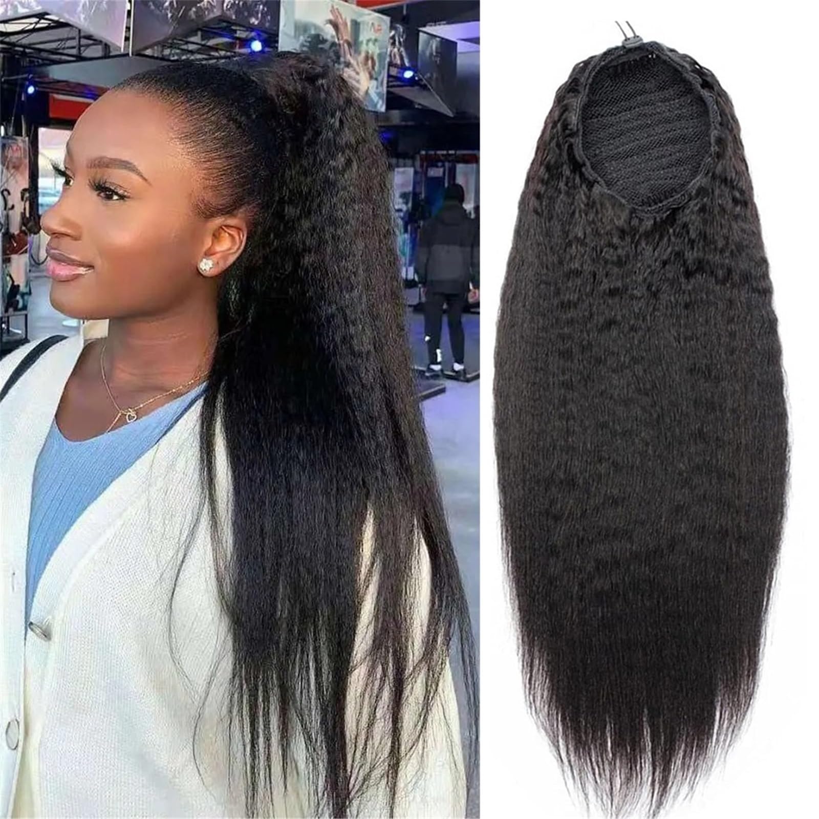Przedłużenie kucyka Przedłużki z włosów Kinky Straight, ściągane sznurkiem, kucyk, brazylijskie prawdziwe włosy, 100% ludzkie Koński ogon(14inches)