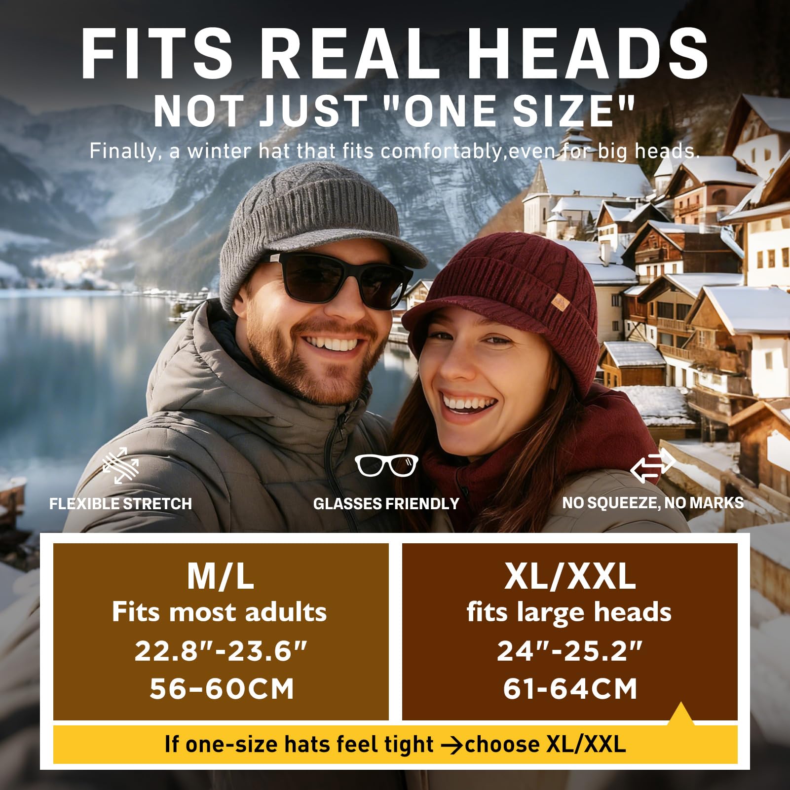 DryKnit Bonnet imperméable en laine mérinos L/XL/XXL avec visière à bord, bonnet d'hiver chaud pour homme et femme