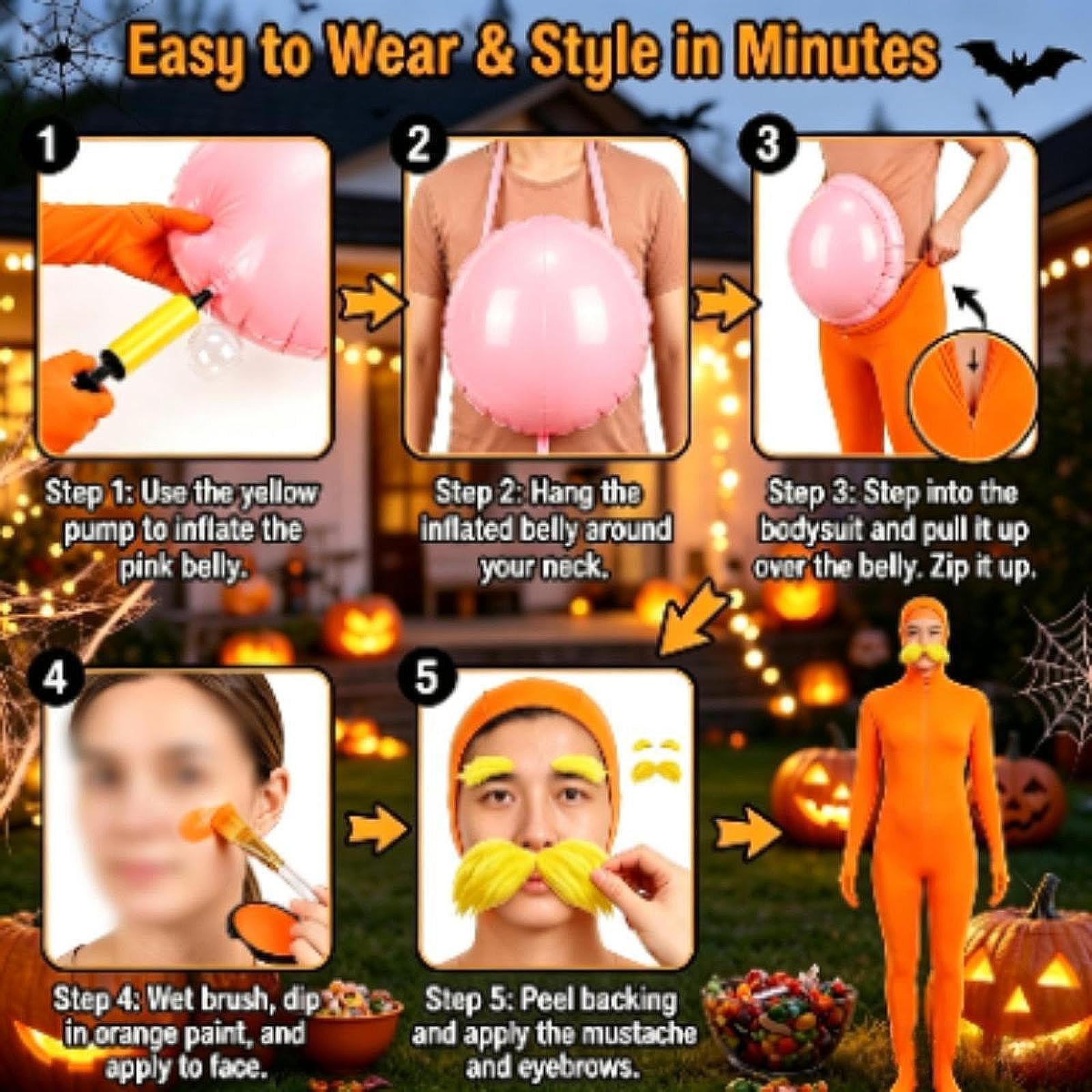 Costume di Halloween Tuta Cosplay Outfit con Sopracciglia Gonfiabili Pancia Trucco Viso Set Completo E Elenco Rapido Adatto