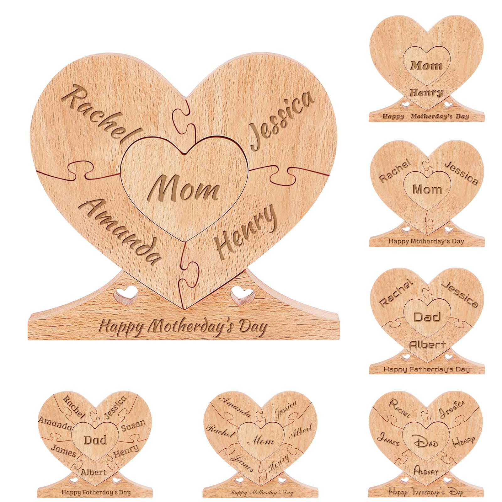 Custom Personalized Gifts for Mom Dad - Personalized Wooden Puzzle with 1-8 Names，Custom Heart Name Puzzle，Personalized Gifts for Mom Dad Family