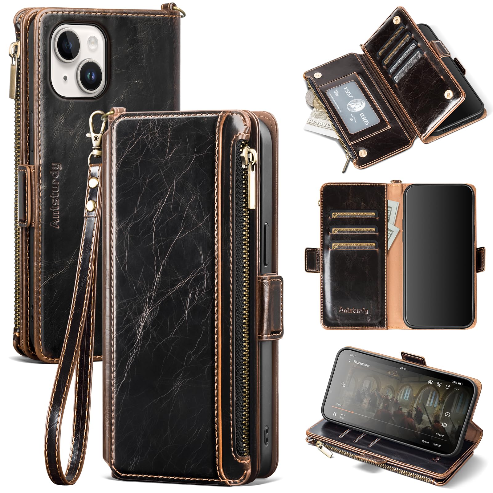 Antsturdy for iPhone 14 Phone Wallet Case Women(Coffee) | RFID Blocking,with Credit Card Holder Slots,PU Leather Purse,Zipper Pocket,Wrist Strap