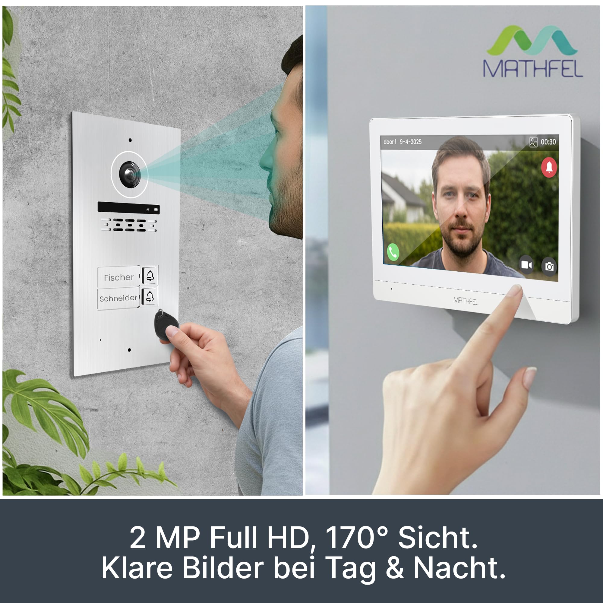 Mathfel 2-Draht Video Türsprechanlage mit RFID – WLAN Monitor, 2MP HD Kamera, 170° Weitwinkel, Türklingel mit Kamera & Türöffner für 2-Familienhaus (3 x 10 Monitor, RFID)