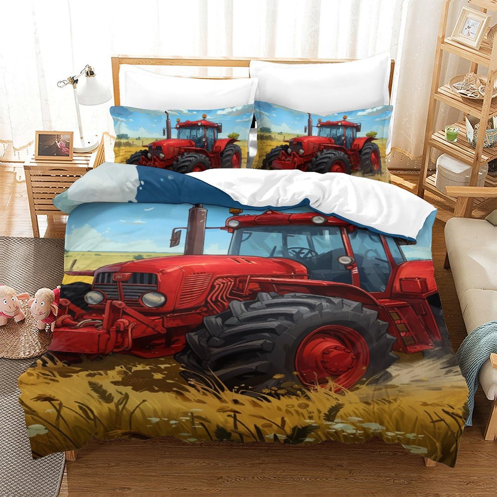 Housse de couette tracteur 3D en microfibre 140x200 cm avec taie d'oreiller pour lit enfant