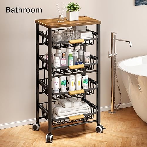 Miniatura 8 de Cesta de frutas para cocina cesta de alambre extraíble grande de 5 niveles con parte superior de madera y ruedas carrito de almacenamiento de cocina