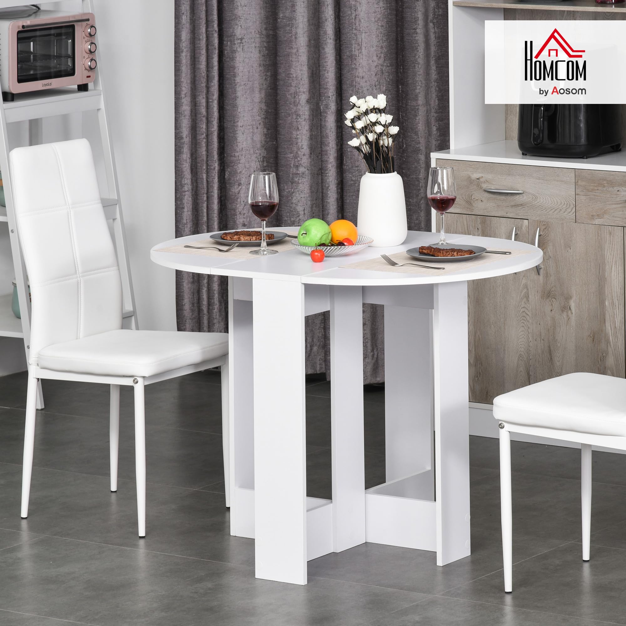 HOMCOM Tavolo Pieghevole da Pranzo Allungabile 104x76x73.7 cm Bianco | 2 Ribalte, Salvaspazio, Tavolo da Pranzo Estensibile in Legno, per Soggiorno e Cucina