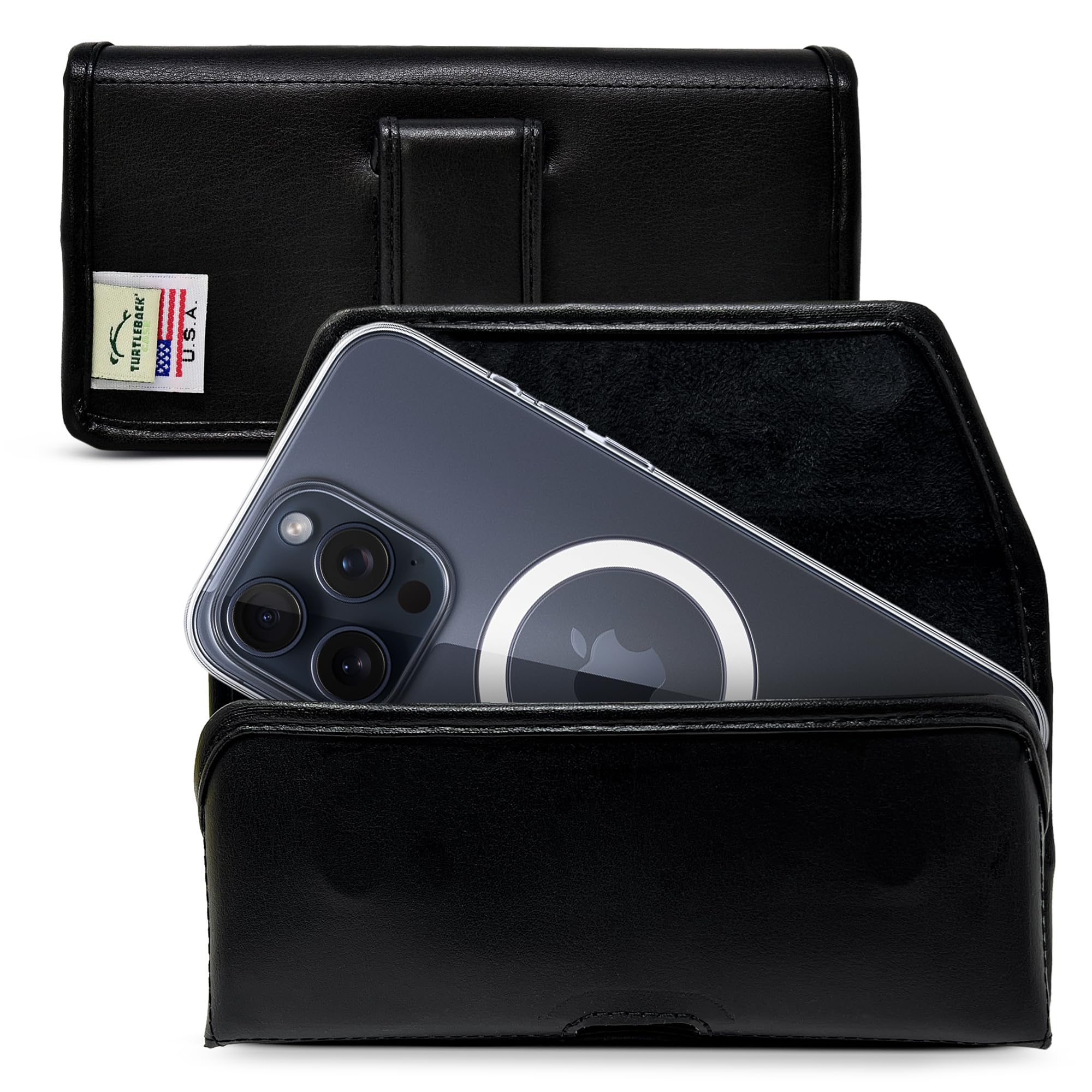 TurtleBackTurtleback Belt Clip Designed for Apple Clear iPhone 15 Pro Max MagSafe Case Horizontal Black Leather with Executive Belt Clip, Made in USA - Case Not Included