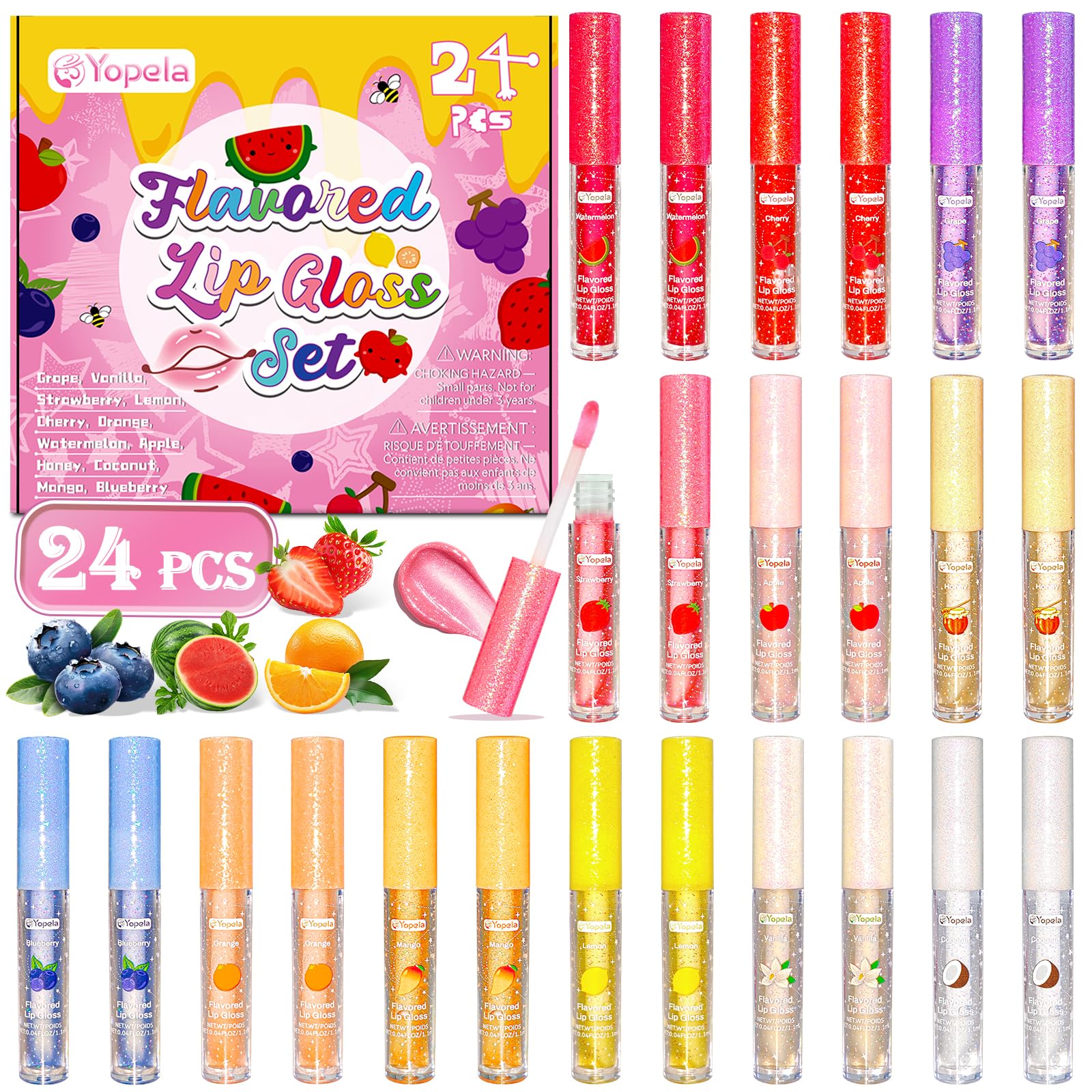 Yopela 24pcs Lip Gloss Bulk With Vitamin E and Natural Oils, Long Lasting Moisturizing Plumping Glitter Lip Gloss Set for Girls Teens & Women, Birthday Party Favors Gifts - 12 Fruity Flavored B-24