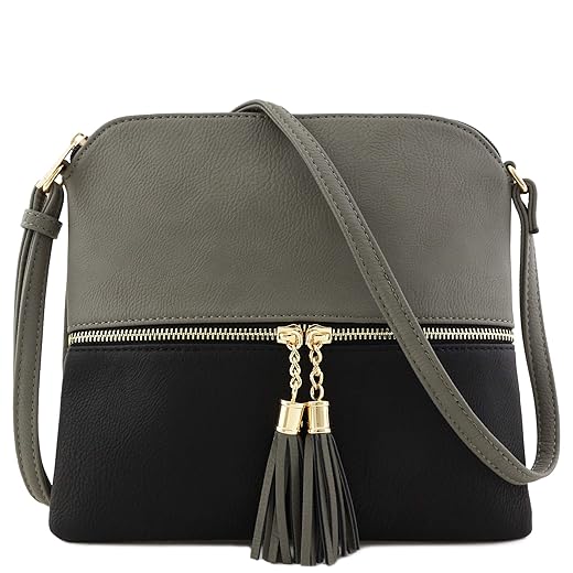 DELUXITY Lightweight Medium Crossbody Bag with Tassel (Gray/Black)