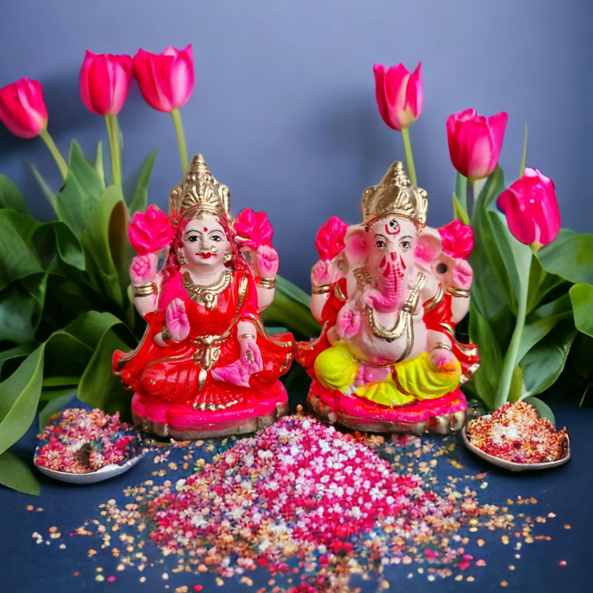 SAUDEEP INDIA Terracotta Goddess Lakshmi and Lord Ganesh Idol/Statue/Murti Decorative Showpiece, Ganesha Laxmi Mitti Figurine for Puja(Pattern 01)