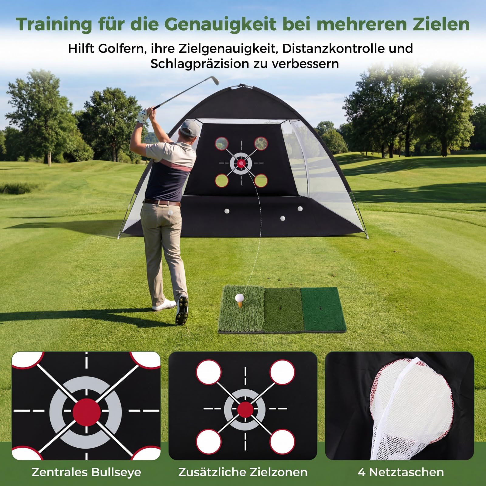 COSTWAY Golf Übungsnetz 300 x 200 cm, Golfnetz mit Schlagmatte, Zielscheibe, 5 Bällen & Tee, Chipping Trainingsnetze inkl. Tragetasche, tragbare Trainingshilfe Outdoor für Drinnen & Draußen