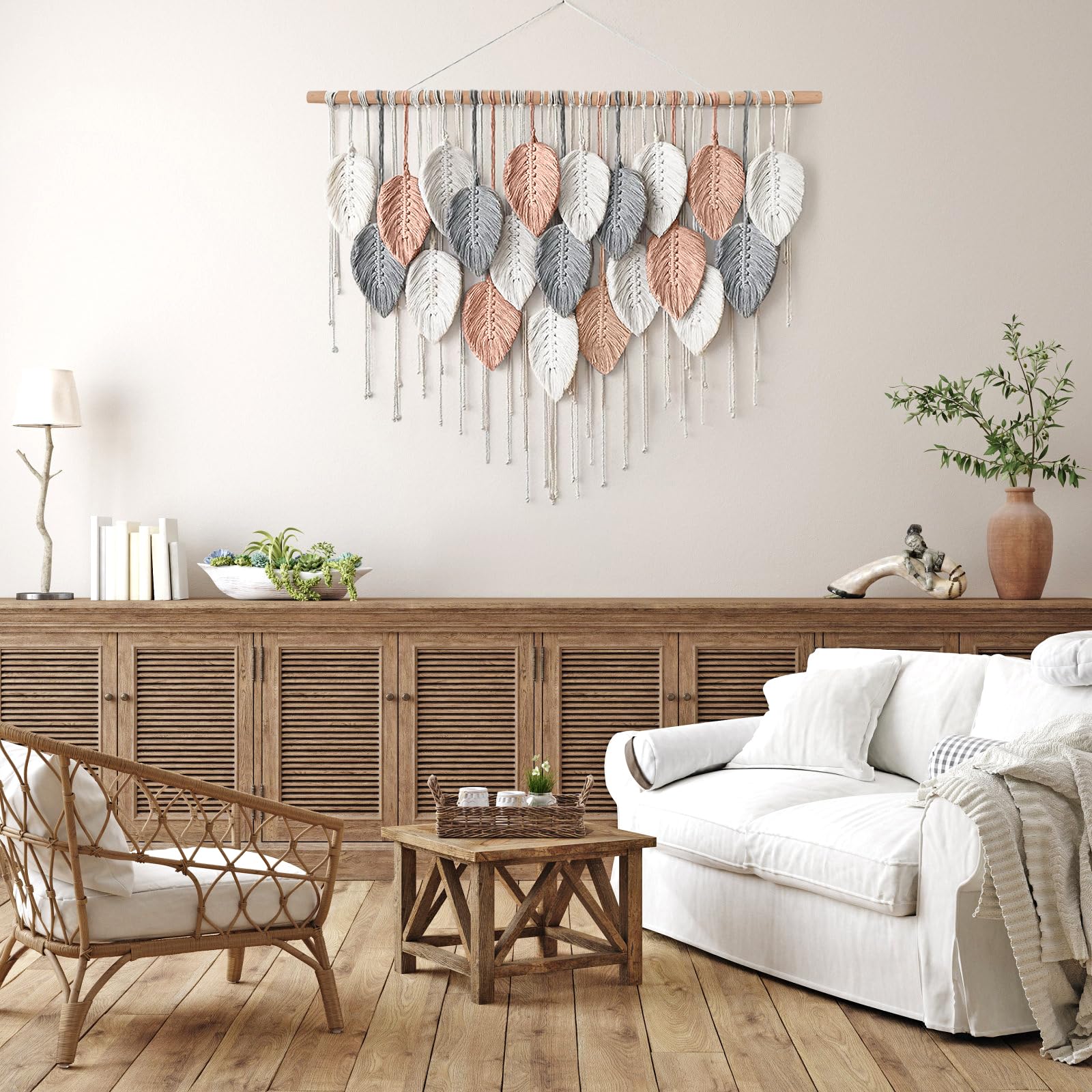 ASTNIC Macramé Tenture Murale Grande Tapisserie, Macramé Mural Tissée à la Main Art, Coton Naturel Bohème Feuille Gland Décoration pour Chambre à Coucher Salon Appartement Toile de Fond (Rose)