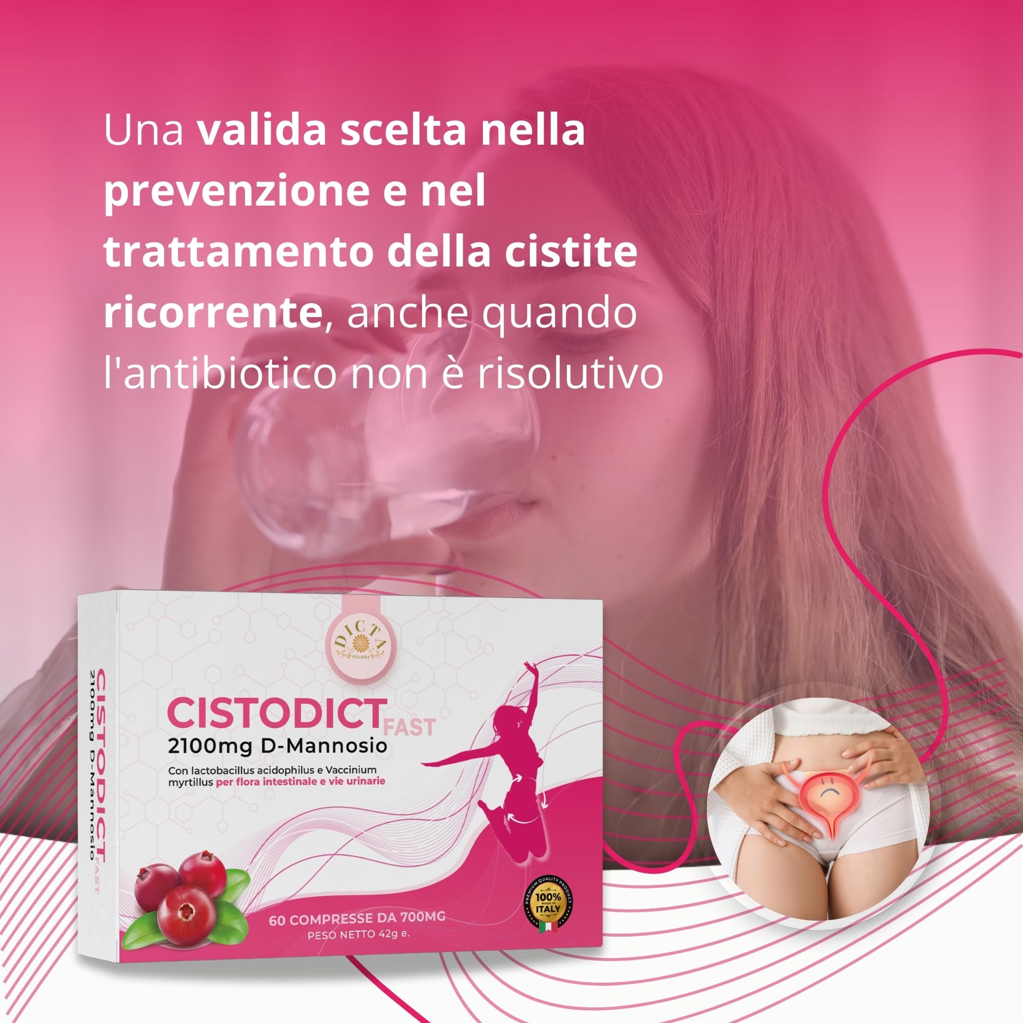 D Mannosio Puro Cistite 2100mg per Vie Urinarie Donna 60 cpr - con Mirtillo Rosso, Agrimonia, Lactobacillus e Inulina, Acido Ialuronico e Rame