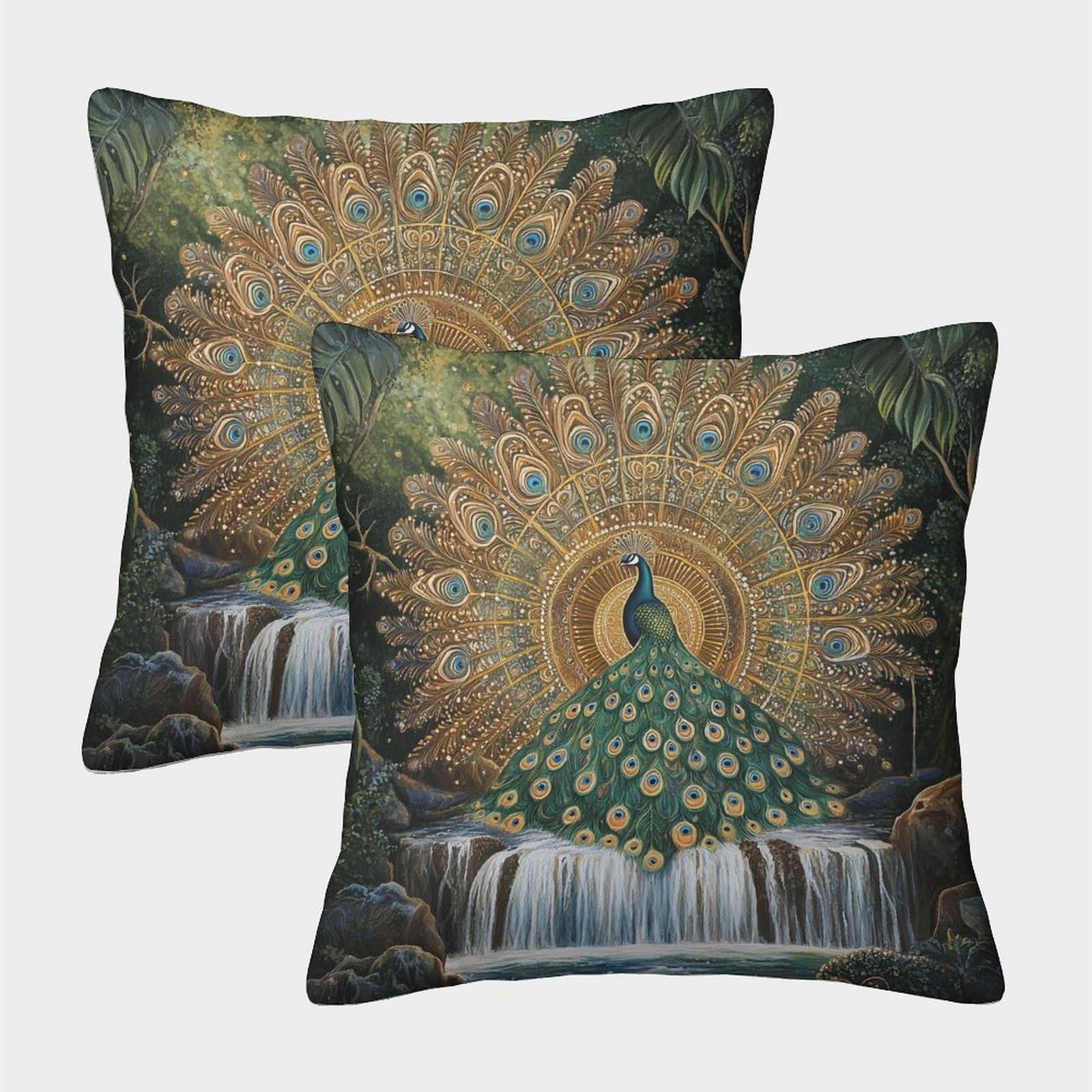 Ctamm Style-3 2 Pack Peacock 3D Image Feather Mandala Waterfall Printed Single-Sided Cushion Cover 40X40cm