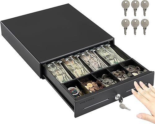 Miniatura 1 de Volcora Cajón de caja registradora manual de 13 pulgadas para sistema de punto de venta (POS), hasta servicio pesado negro con 4 billetes y 5