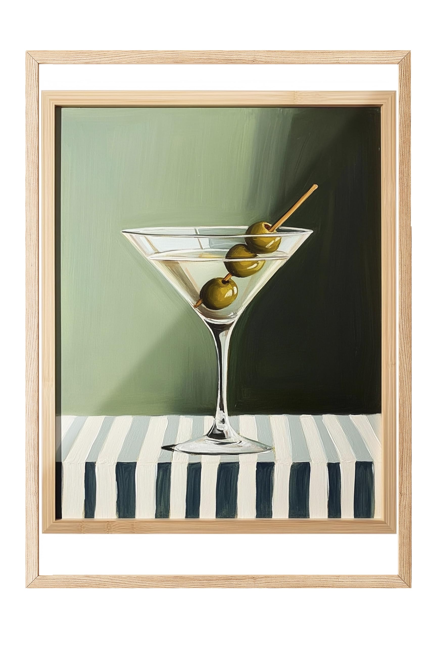 Zestia Ahşap Çerçeveli Tablo, Martini Bardağı, Zeytinli ve Yeşil Arka Plan, Realist Stil Poster No: 107095 30 x 40