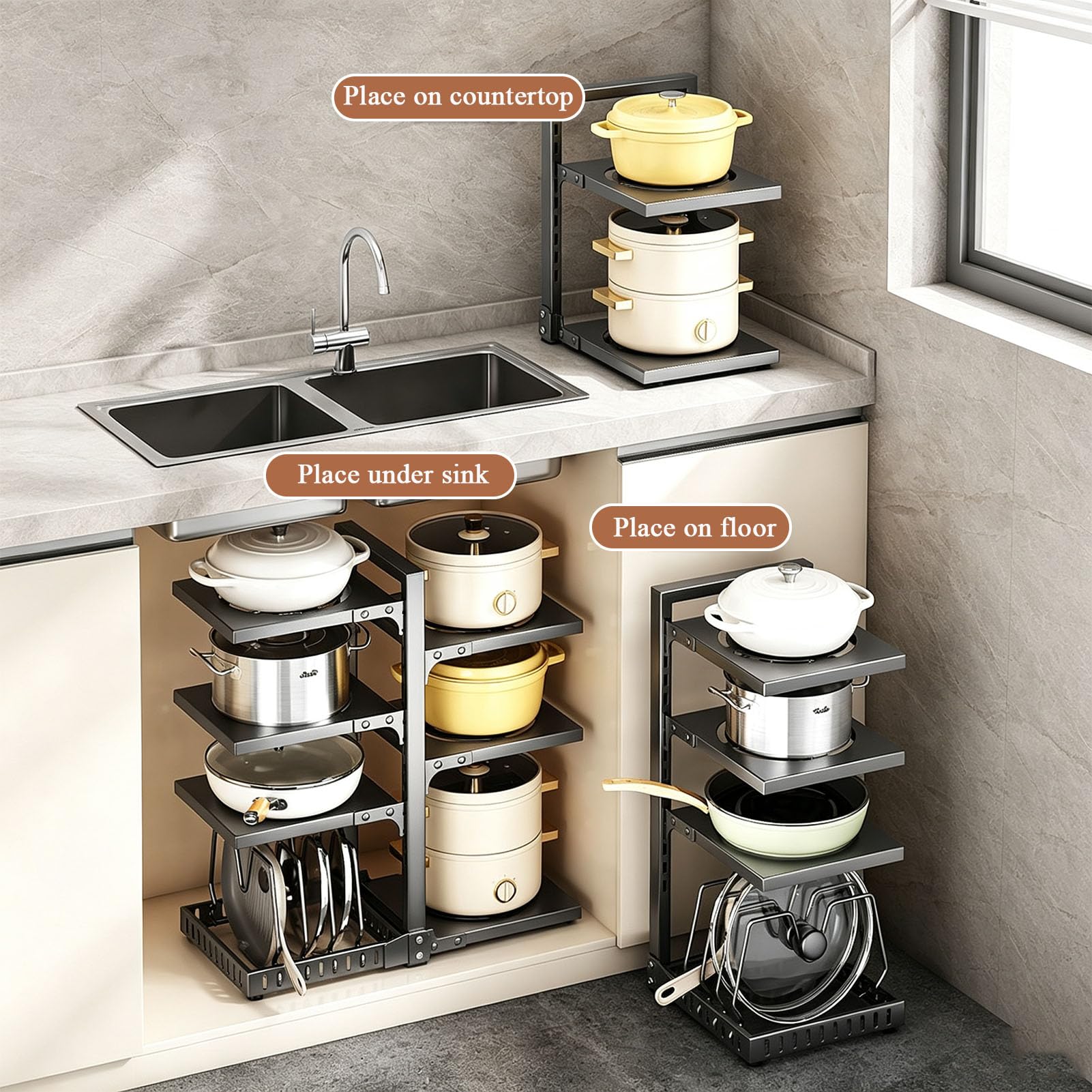 Organizzatore per Pentole e Padelle sotto Il Mobile | Supporto Autoportante Per Stoviglie, Struttura Salva‑spazio per Tenere In Ordine La Superficie Della Tua Cucina