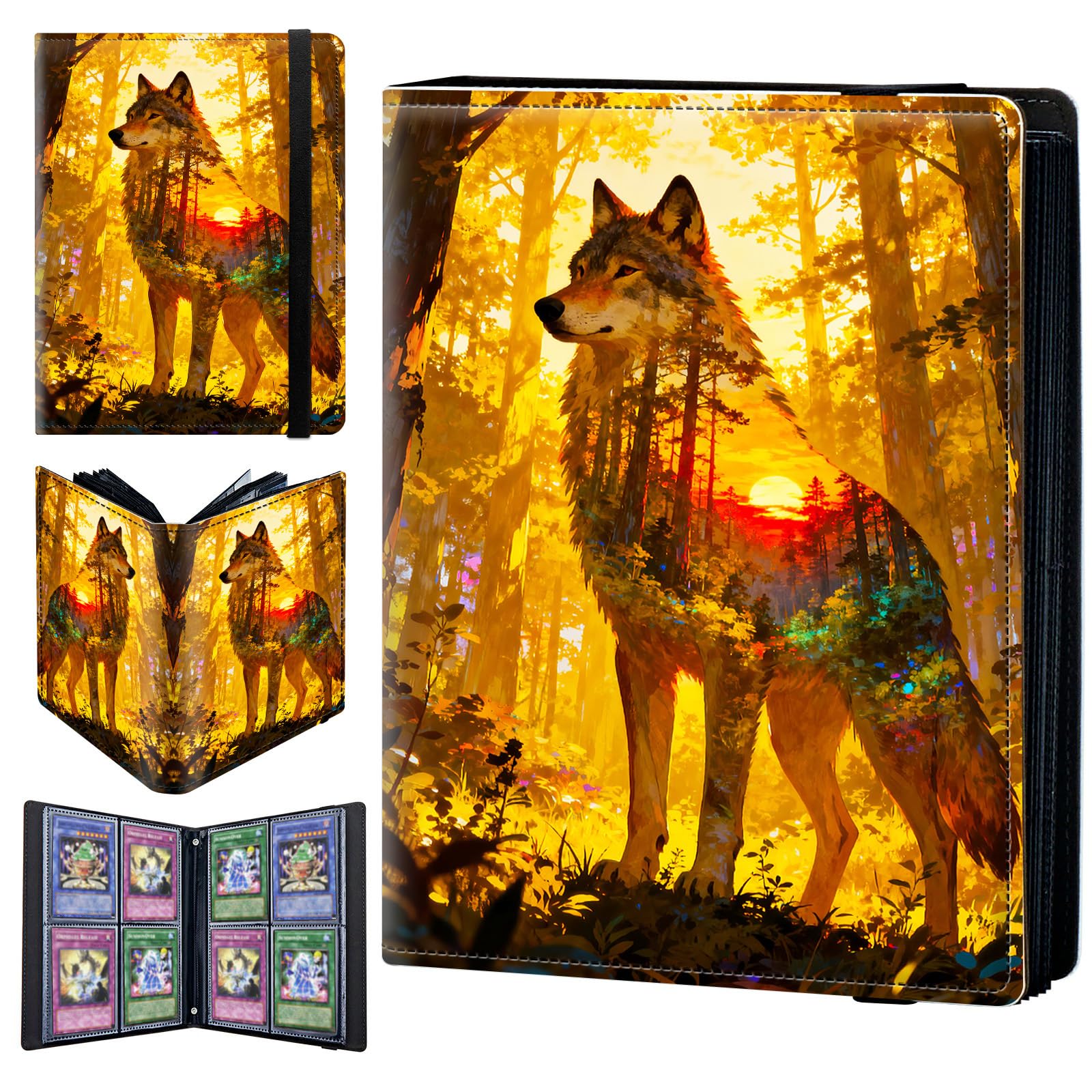 4 Pocket Trading Card Binder 400 Side Loading Pocket Album with Sunset Forest and Wolf Pattern Design Card Binder for Sports Cards & Game Cards