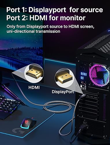 Miniatura 7 de JSAUX Paquete de 2 adaptadores de cable DisplayPort a HDMI 4K de 10 pies, DP a HDMI macho UHD 2K a 120 Hz, cable HDTV unidireccional trenzado 4K 30