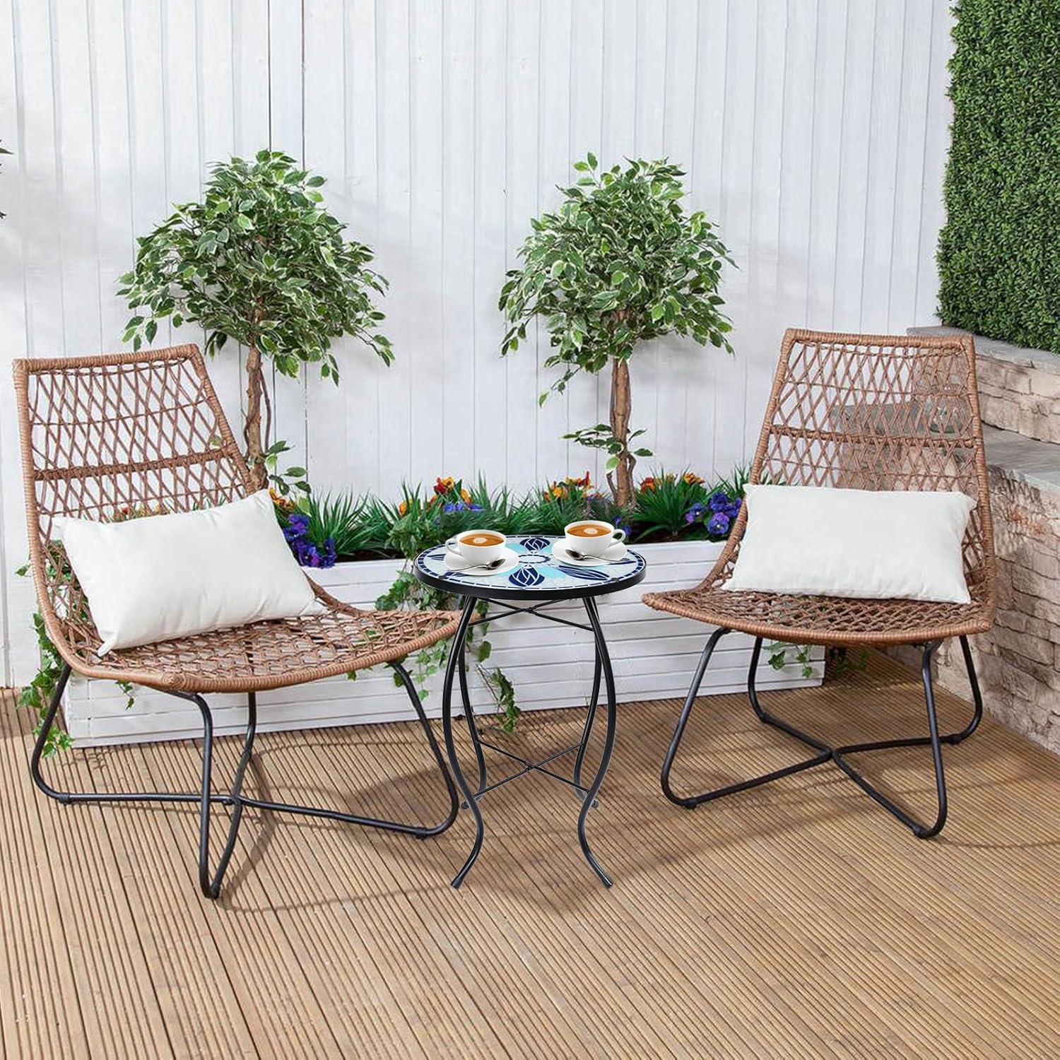 VCUTEKA Patio Side Table Outdoor Accent Table Bistro Coffee Table Plant End Table Small Porch Tables Indoor Round Glass Balcony Blue Flowers 14 inches