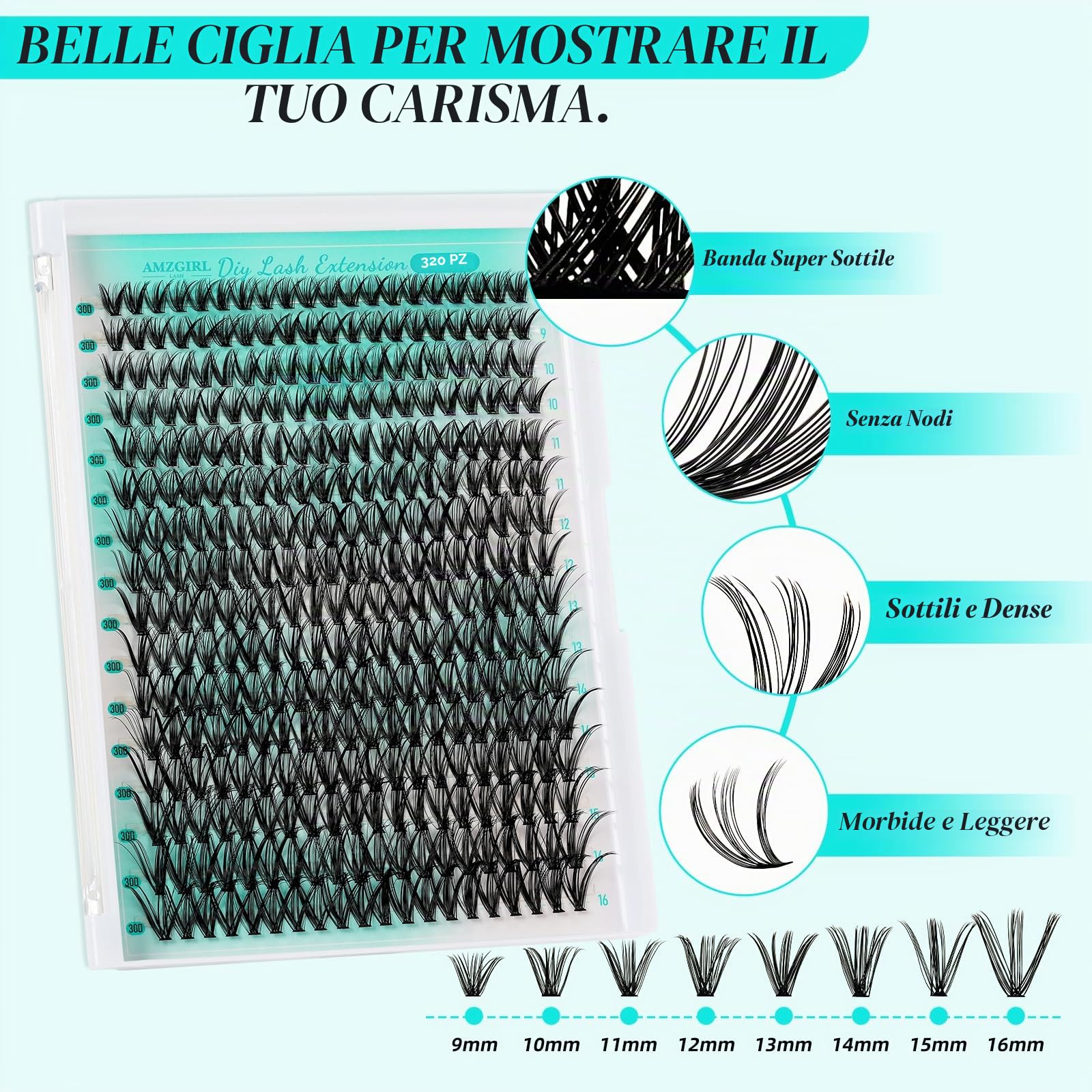 Set di 320 extension per ciglia finte, 30D, naturali, fai da te, ciglia, set di ciglia personalizzate, con bond e sigillanti