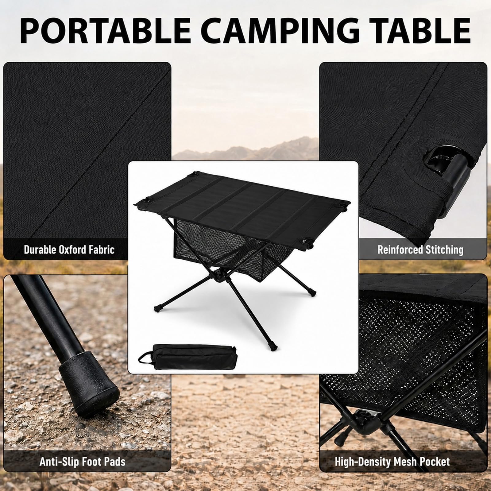 Tavolo da campeggio pieghevole, in alluminio, leggero, per picnic, feste, giardino, escursioni, viaggi, con borsa per il trasporto, nero