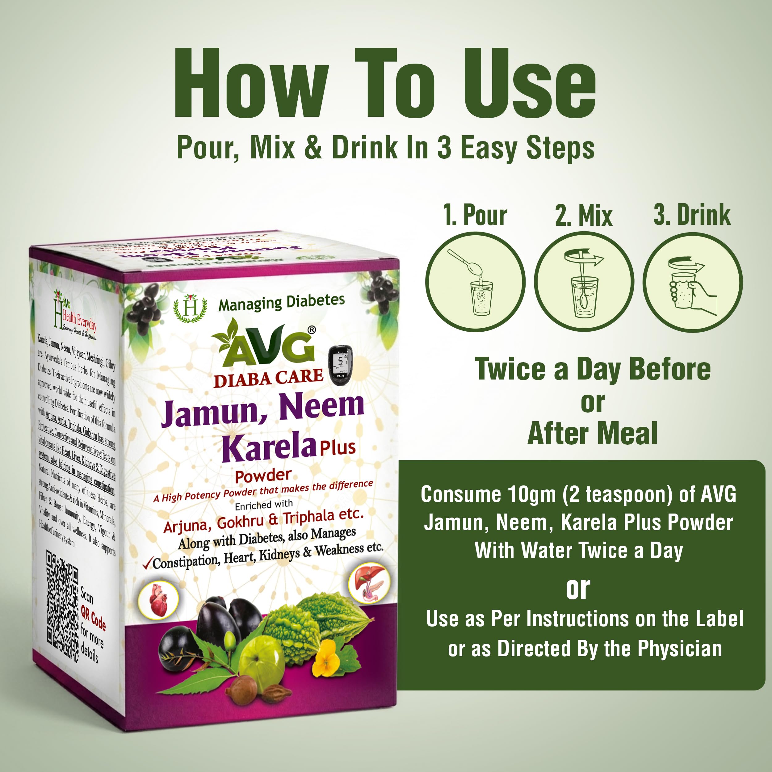 AVG Health Organics Diaba Care Karela Jamun Neem Powder 200gm each, Pack of 2 Diabetes Care Ayurvedic Supplement with Arjuna, Gokhru & Triphala, Helps in Relieving Constipation 2