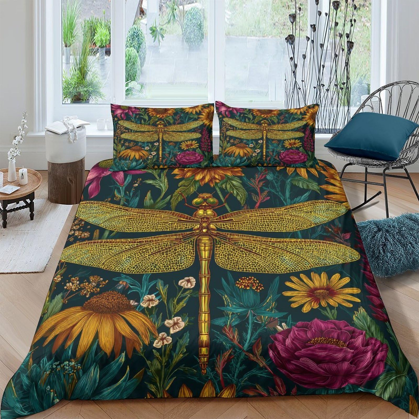 Ctjqhvkz Style-10 3D Printed Dragonfly Garden Fitted Sheet Microfiber Colourful Floral Mattress Cover For Bedroom Decor Protection Single（135X200cm）
