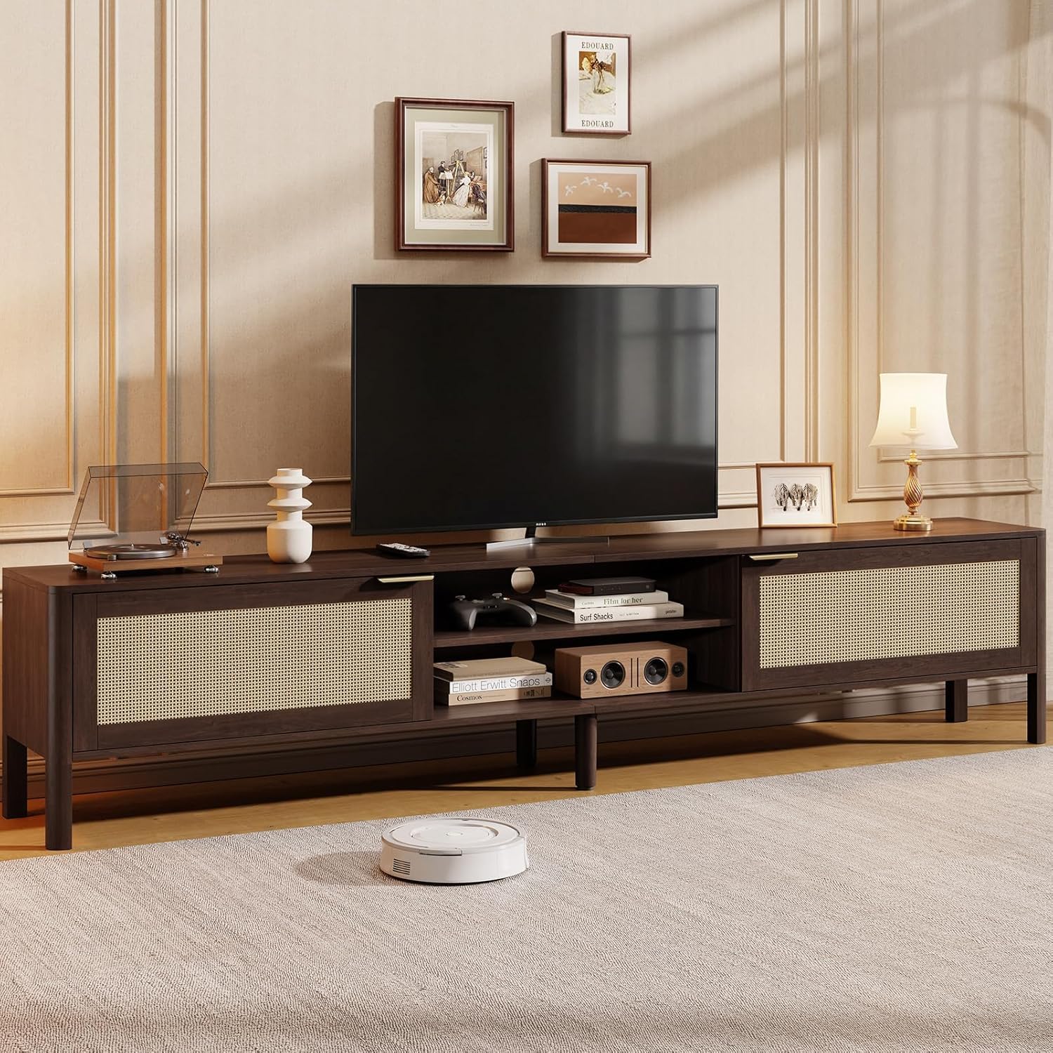 TV Unit for Living Room | Wooden Tv Stand with Storage | Sheesham Wood Rattan Cane Media Console | TV Stand Wooden Entertainment Unit for Living Room Solid Wood TV Cabinet (Walnut Finish)-image-7