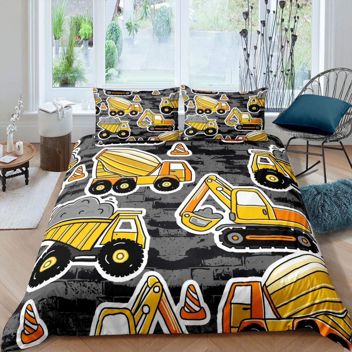 Excavator Bedding Set Construction Truck Comforter Cover for Kids Adult Heavy Machinery Cars Duvet Cover Construction Site Bedding & Linen 3Pcs King — image 1