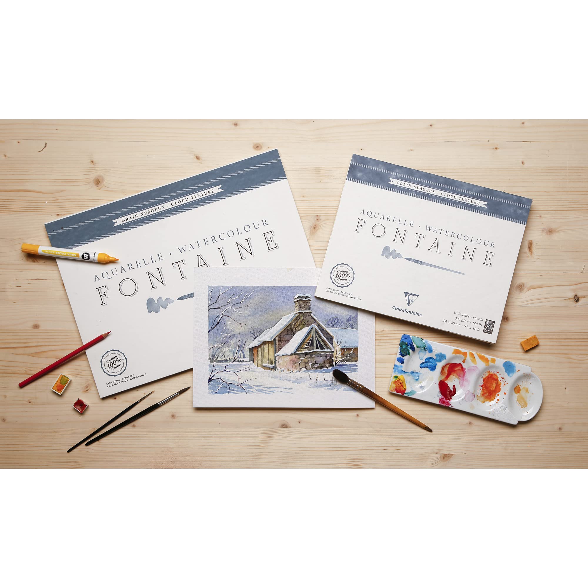 Clairefontaine 96424C Malblock, 4-seitig verleimt Aquarellpapier Torchon Wolke, Fontaine/Hadern, 42 x 56 cm, 15 Blatt, 300 g Packung, weiß