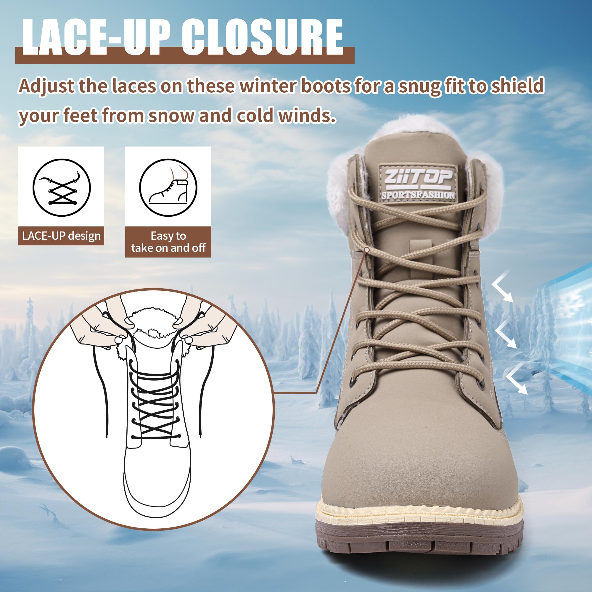 Botas de invierno para mujer, botas de nieve impermeables, con forro de piel, botas de senderismo cálidas para mujer, botas de senderismo con cordones, antideslizantes, ligeras, botas de
