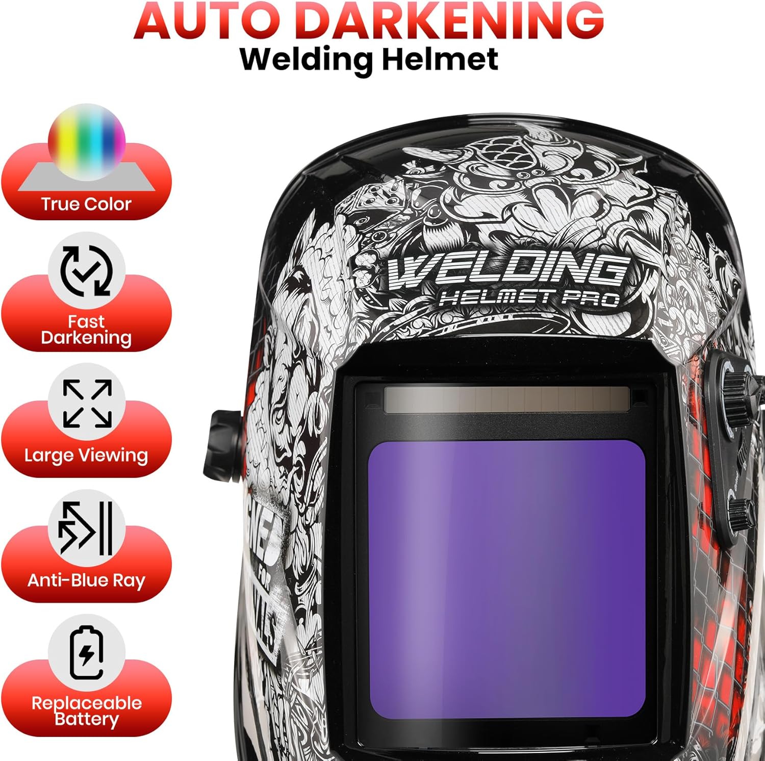 Large View Welding Helmet Auto Darkening True Color Solar Powered Hood with Adjustable Wide Shade Range 4/5-9/9-13 for Mig Tig Cut 4 Arc Sensor JRP070 Welder Mask (Punishment)