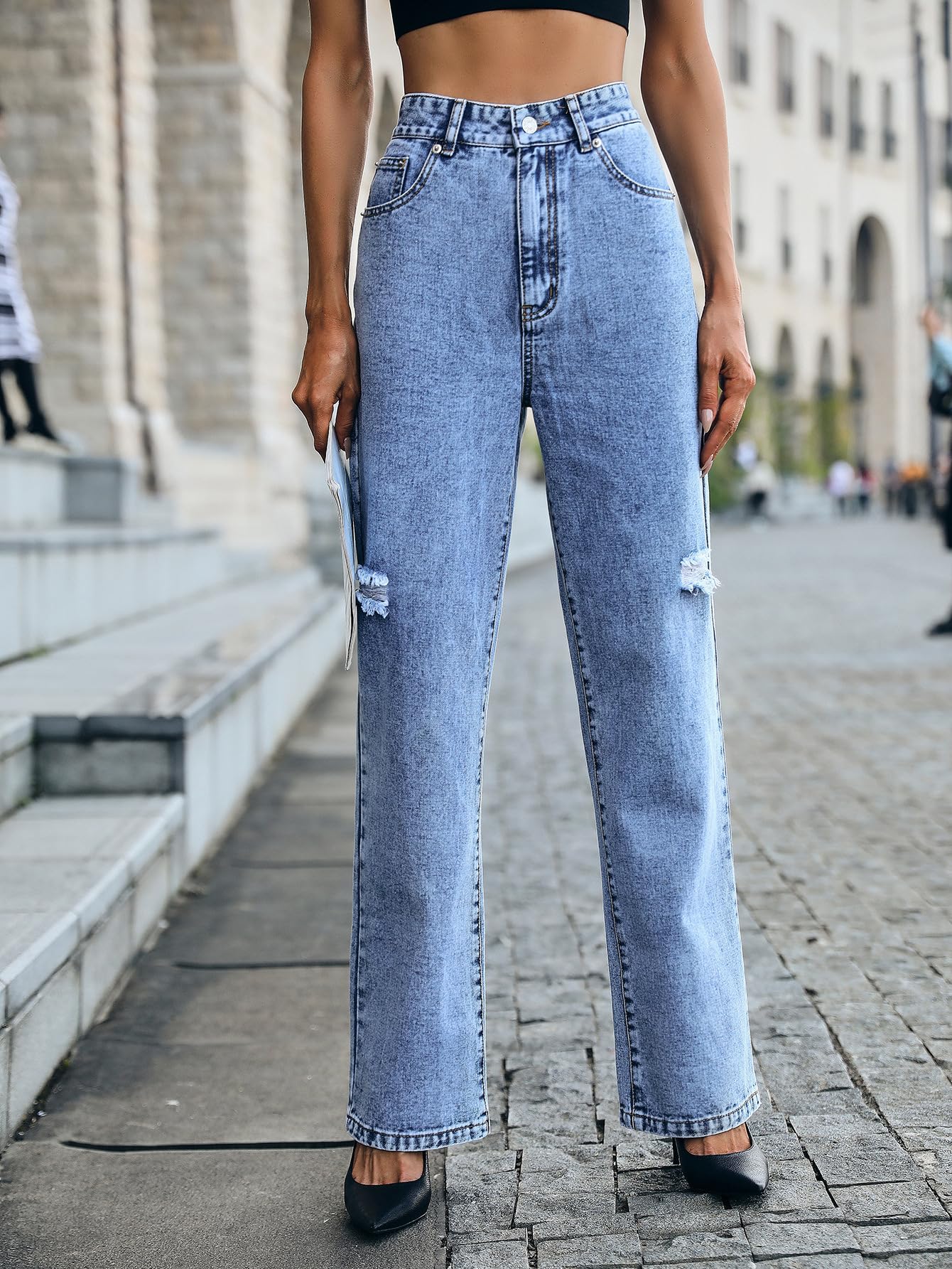 Jeans da donna a vita alta strappati a gamba dritta invecchiato boyfriend jeans Y2K moda strappato pantaloni in denim