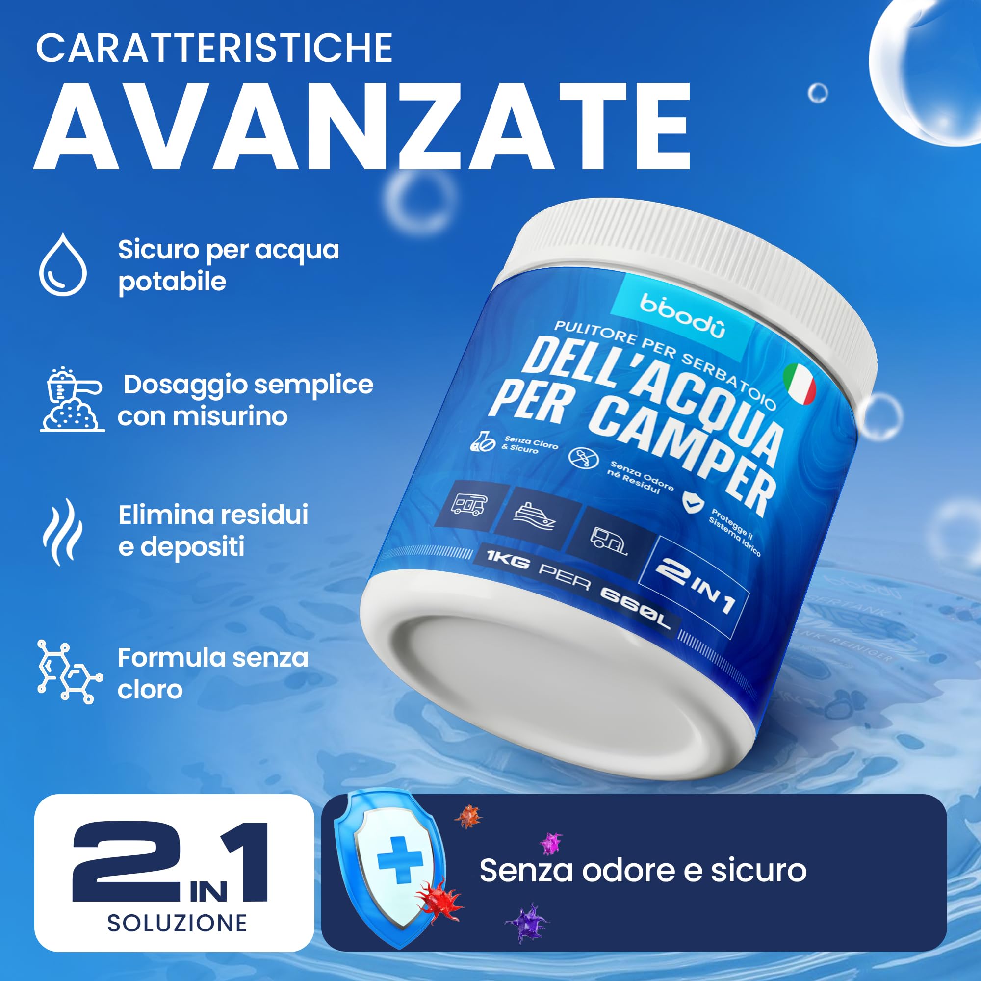 Pulizia Serbatoio Acqua Camper 1 KG | Pulisce e Disincrosta con Ossigeno Attivo | Senza Odori – Rimuove Biofilm e Sporco | Perfetto per Camper, Roulotte e Barche