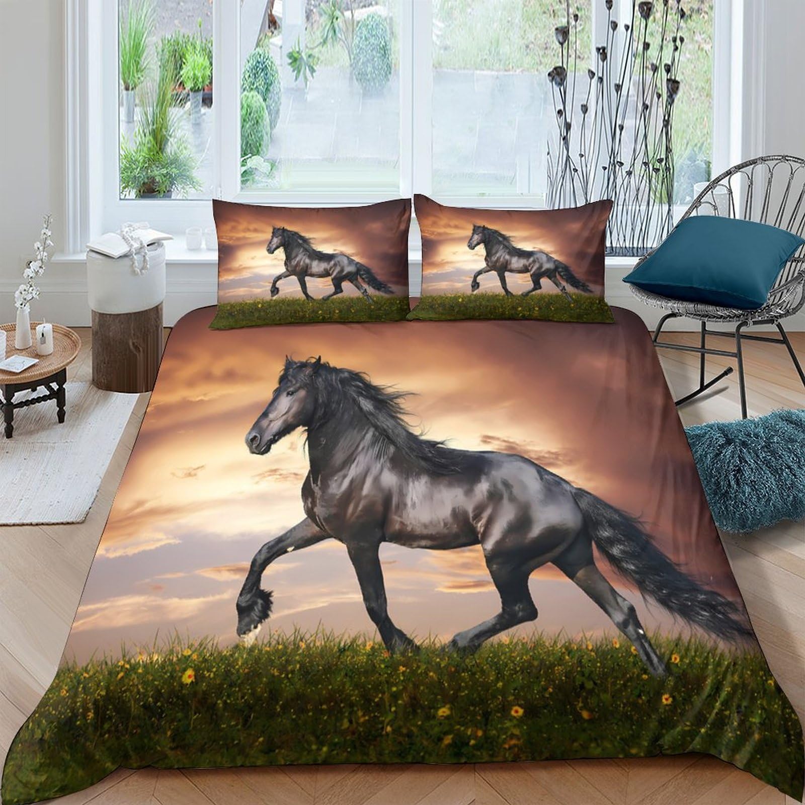 Ctjqhvkz Style-2 3D Printed Black Horse Sunset Fitted Sheet Microfiber Soft Bed Cover For Bedroom Guest Room Decor Single（135X200cm）