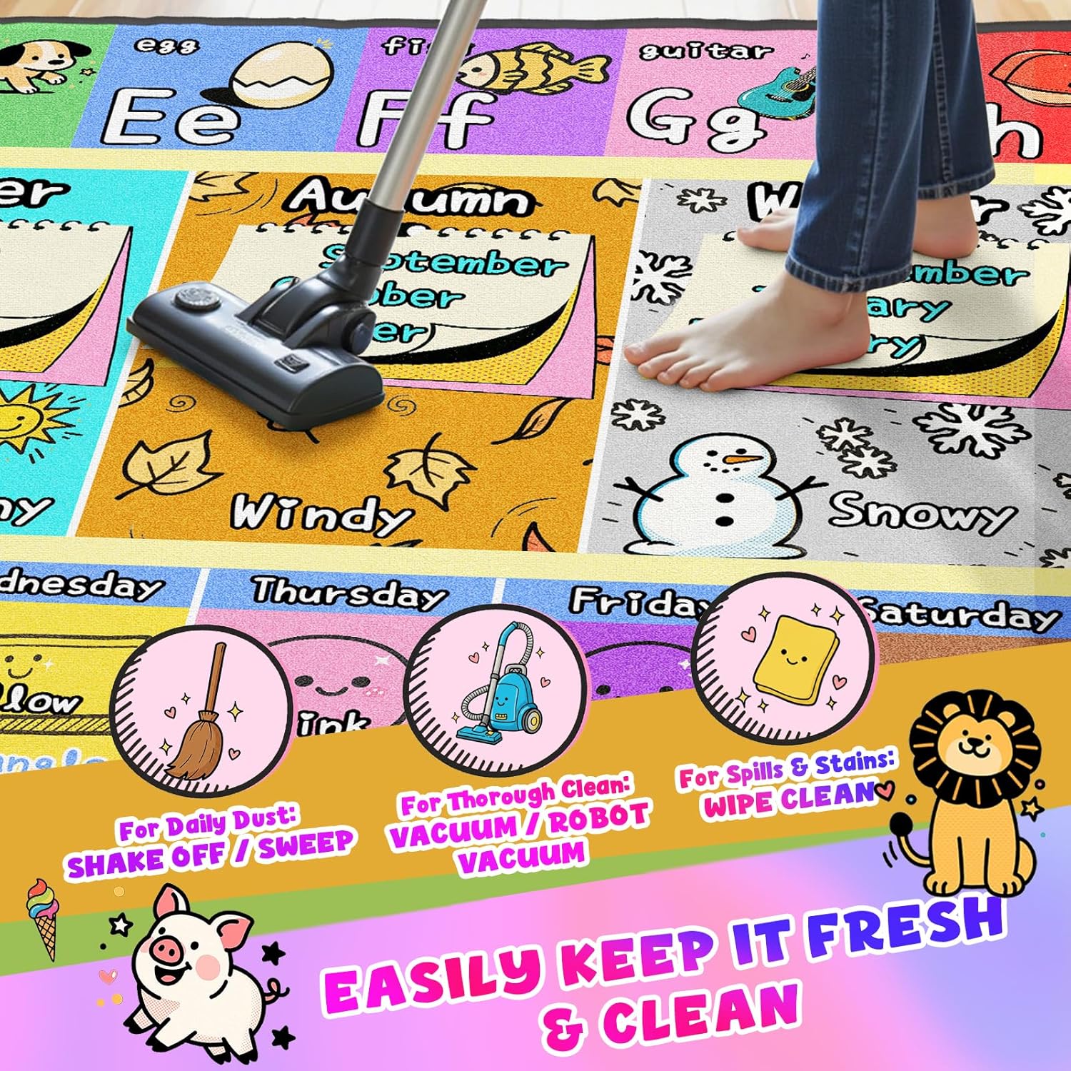 ABC Kids Playroom Rug 4x6 - Soft & Non-Slip Educational Play Mat, Preschool Classroom, Daycare Rug with ABCs, Colors, Shapes, Seasons, Washable Playmat for Toddler Nursery & Kids Room (48x72 Inch)