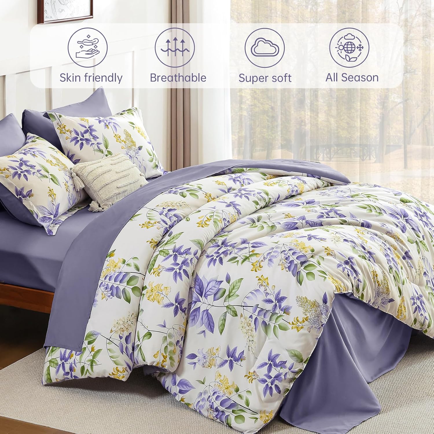 Cottolester Queen Comforter Set- 7 Pieces Floral Comforter Bed in A Bag,Purple Green Botanical Comforter Set with Pillowcases,Soft Microfiber Complete Bedding Sets for All Season - Image 3