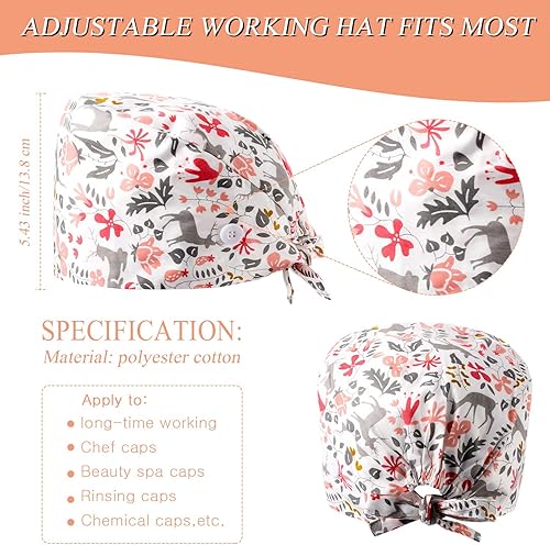 Miniatura 2 de 12 gorras de trabajo para mujer con botones y banda para el sudor, sombreros bouffant ajustables, unisex, gorras quirúrgicas desechables, gorros