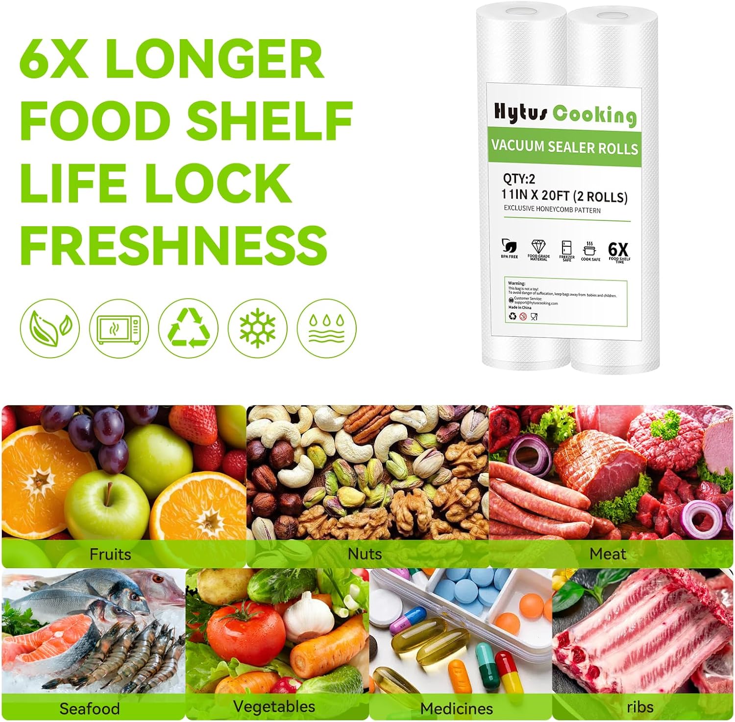 [2 Pack ] Vacuum Sealer Rolls Bags, 2 Rolls 11" x 20' Commercial Grade Food Bag Rolls for Storage Sous Vide, Durable Food Vac Bags for Storage and Sous Vide Cooking, BPA FREE