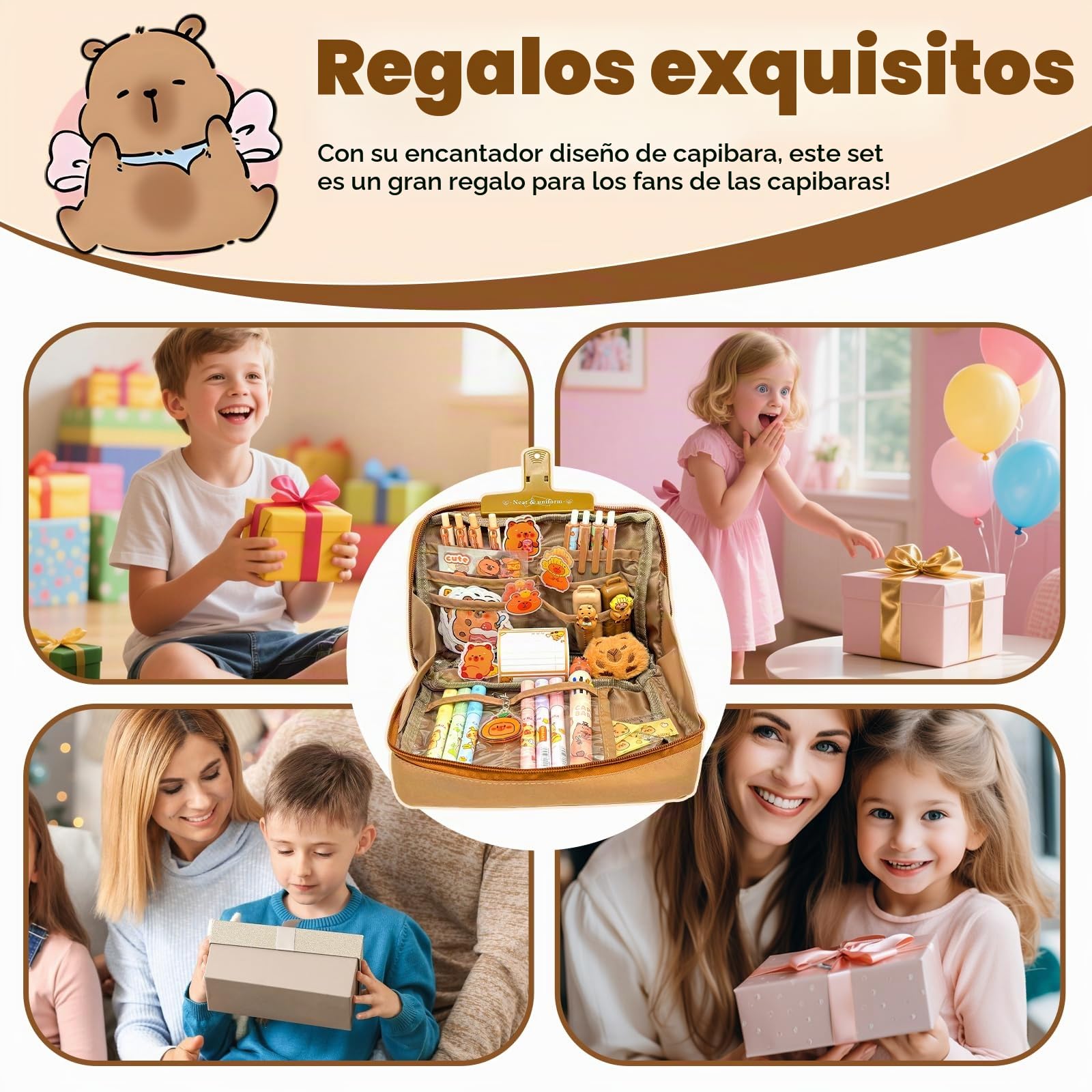 Pardofelis 66 piezas Capybara Papelería Set Lindo Capybara Estuche de Regalo para Niños y Estudiantes, Estuche Capybara con Lápices Goma de Borrar Pegatinas Clips Reglas para Escuela Oficina